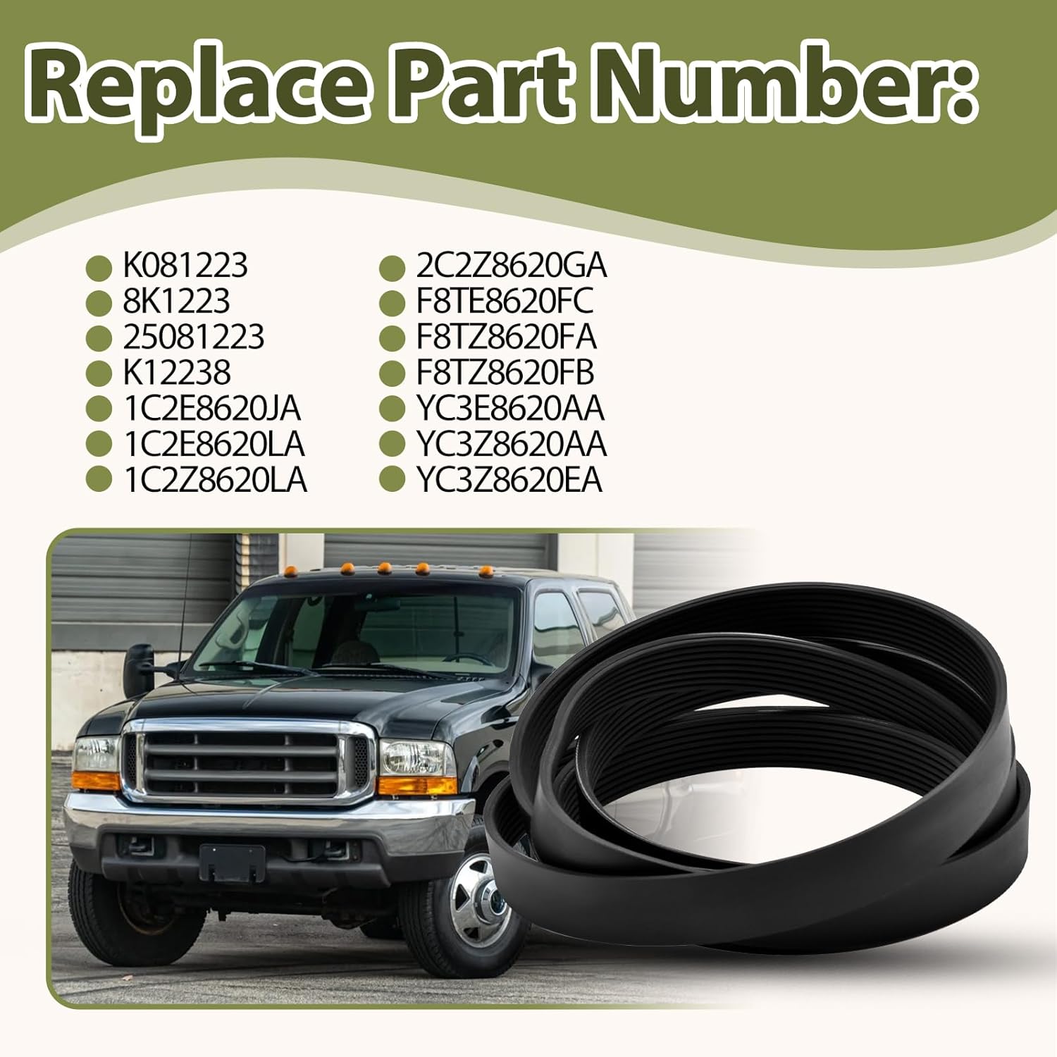 Serpentine Belt Replace K081223 8K1223 Compatible with Ford F-250 F-350 F-450 F-550 Super Duty 1999-2003, F-650 F-750 2000-2003, E-550 Excursion V8 7.3L