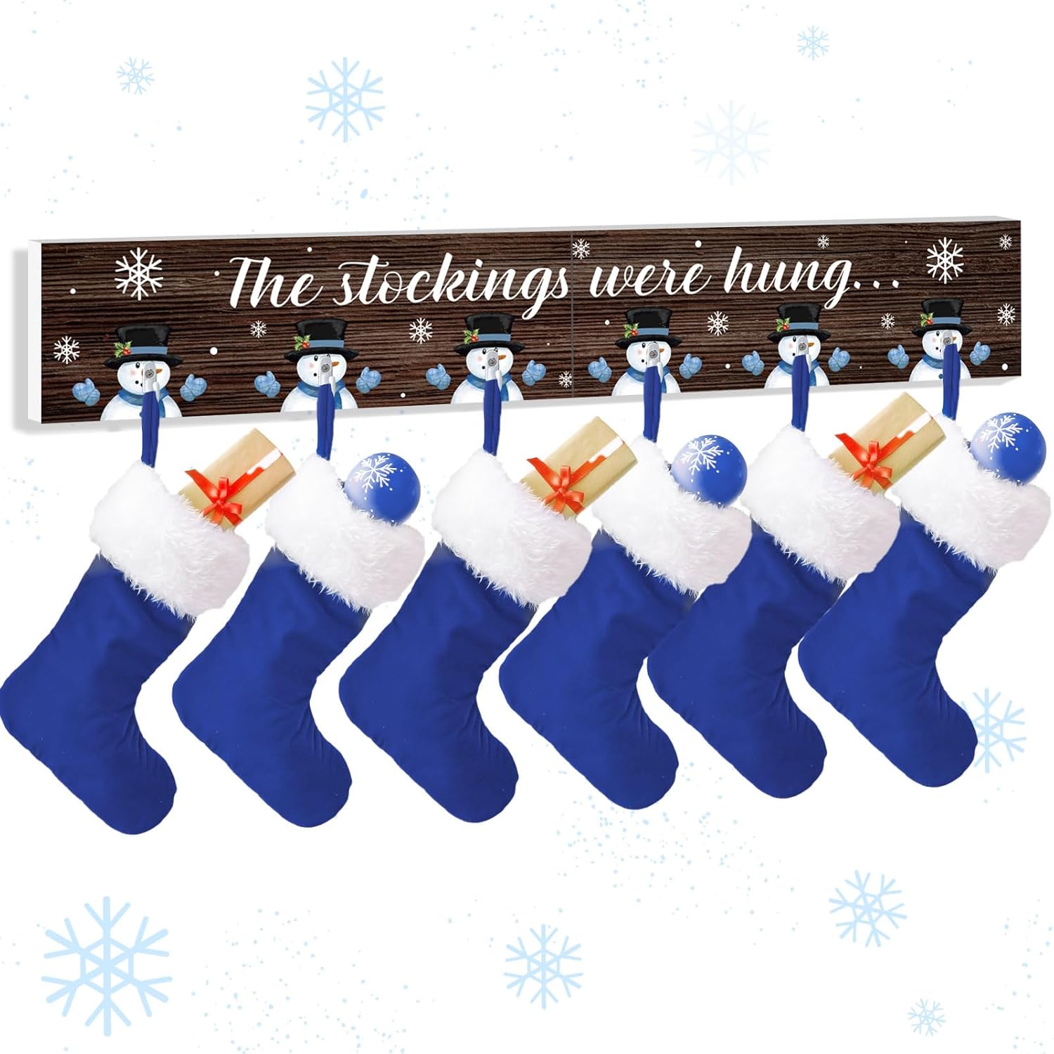 Soaoo Christmas Stocking Holder the Stockings were Hung Wooden Sign Wall Holder Wall Mount Hook Xmas Wall Hanging Sign Decorative Mantle Hooks with 6 Hangers for Decor(Snowman Style)
