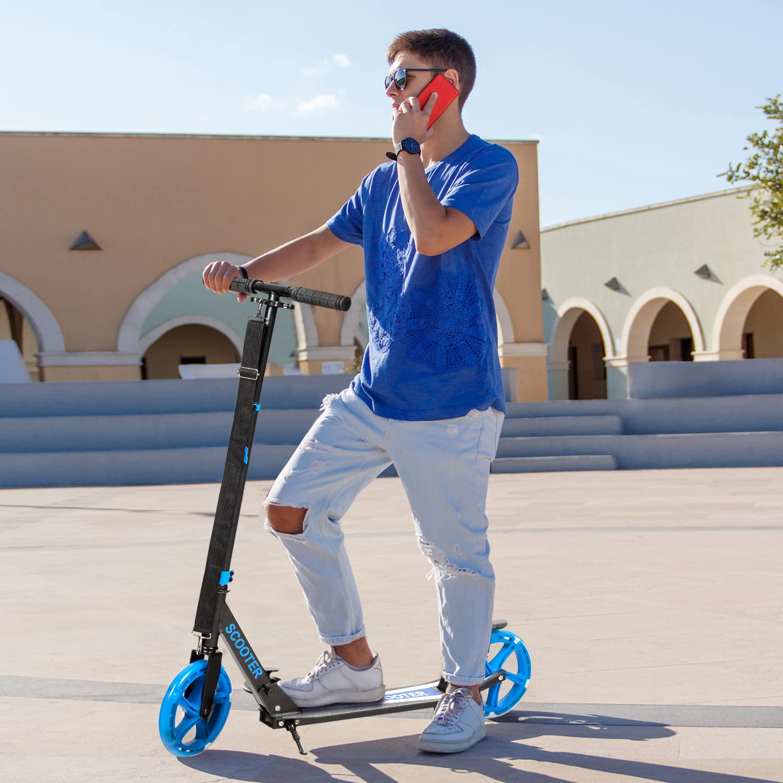 KOMFOTTEU Patinete Plegable para Niños y Adultos, Scooter con Manillar Altura Ajustable en 3 Niveles y 2 Ruedas Luminosas con Freno, Patinete Portátil con Carga de 110 kg