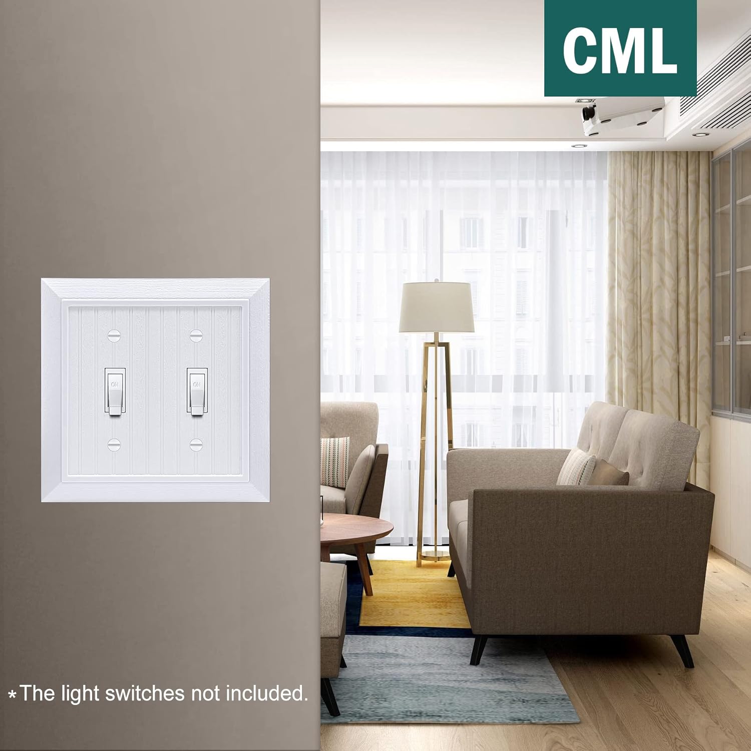 CML Classic Double Toggle Light Switch Wall Plate, 2-Gang Outlet Covers, Vintage Retro Wood Grain Design, Standard Size 4.95”X 4.87”, Impact Resistant, 2-Pack, White