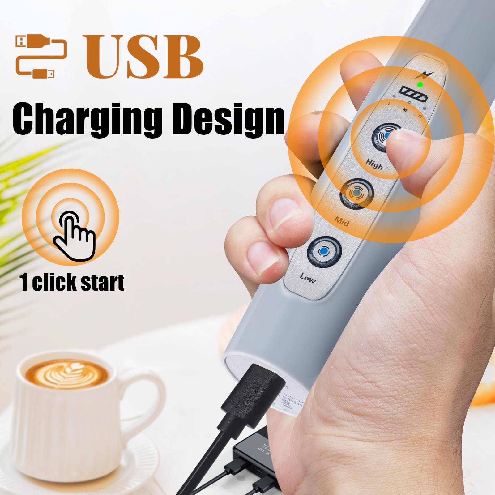 Nahida Mousseur à lait portable pour café, fouet électrique rechargeable avec 3 têtes, 3 vitesses, mélangeur de boissons, mousseur pour latte, cappuccino, chocolat chaud, œuf