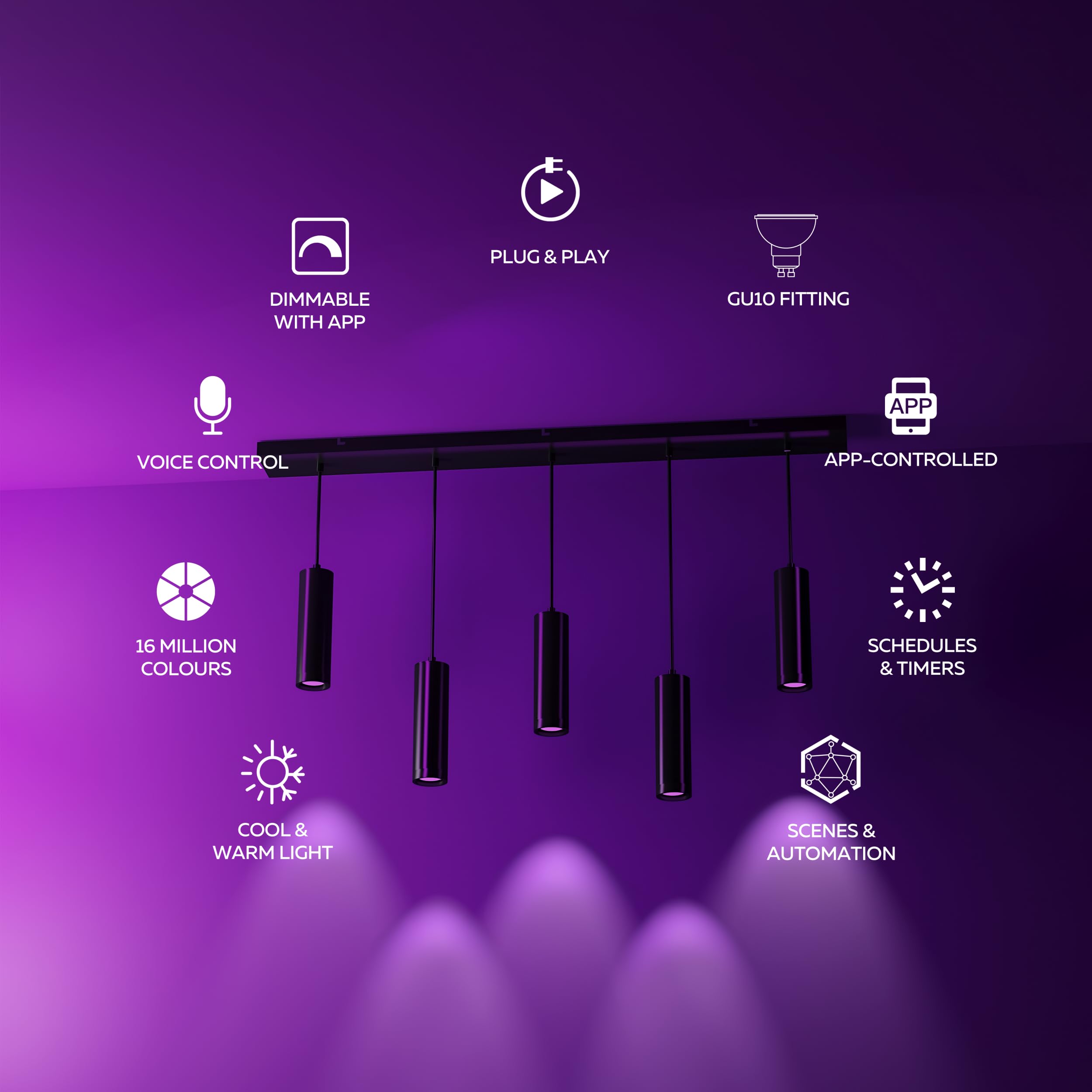 CALEX Smart LED Pendelleuchte, GU10, 5-flammig, höhenverstellbar, RGB-Farben & kalt- bis warmweiß Licht, dimmbar, WLAN App- & Sprachsteuerung, Matt Schwarz