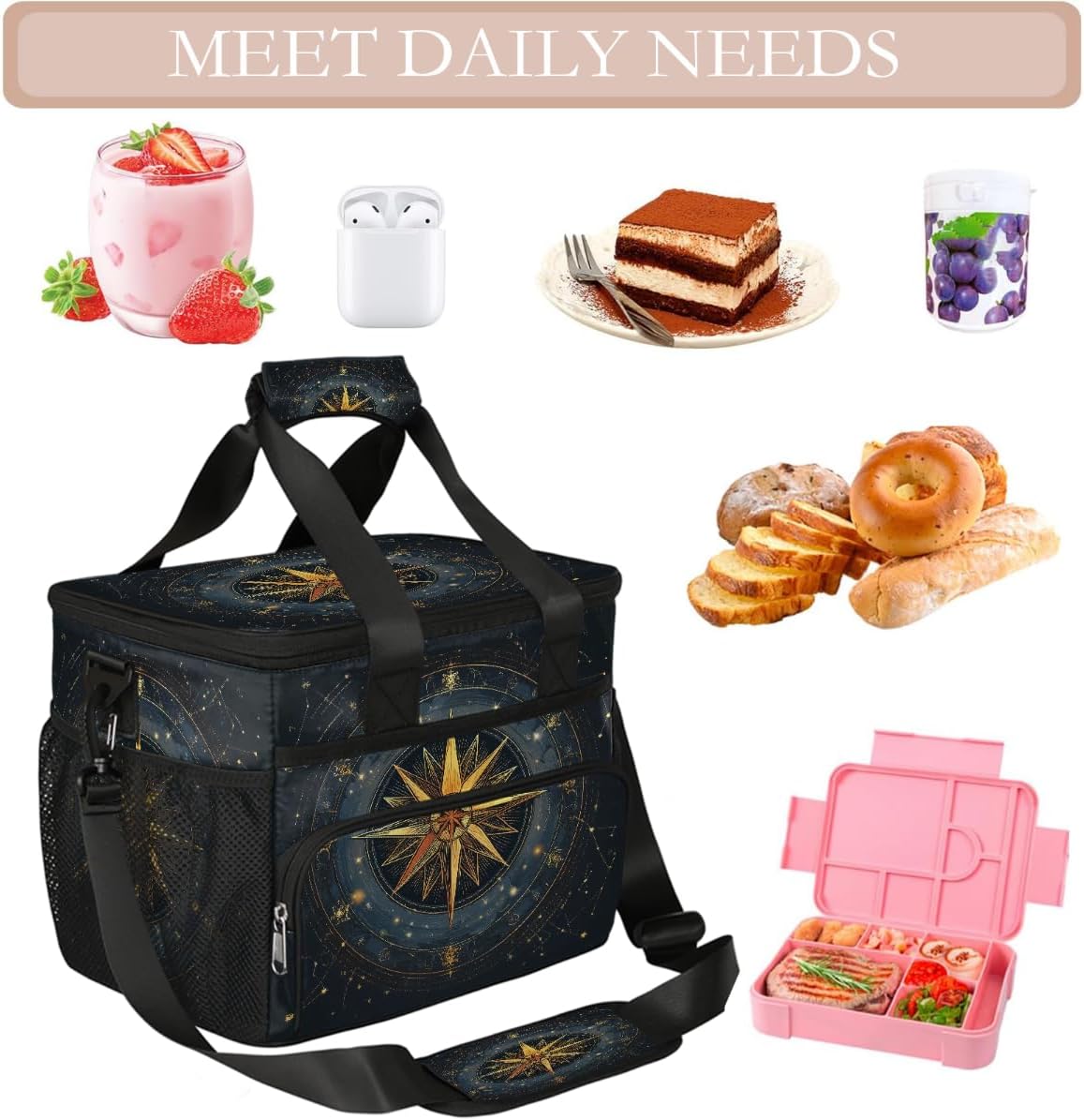 Large Lunch Box for Women Men Insulated Thermal Lunch Tote Bag Compass Glowing Constellations Reusable Cooler Bag Portable Adult Lunchbox Container with Adjustable Strap for Work Picnic