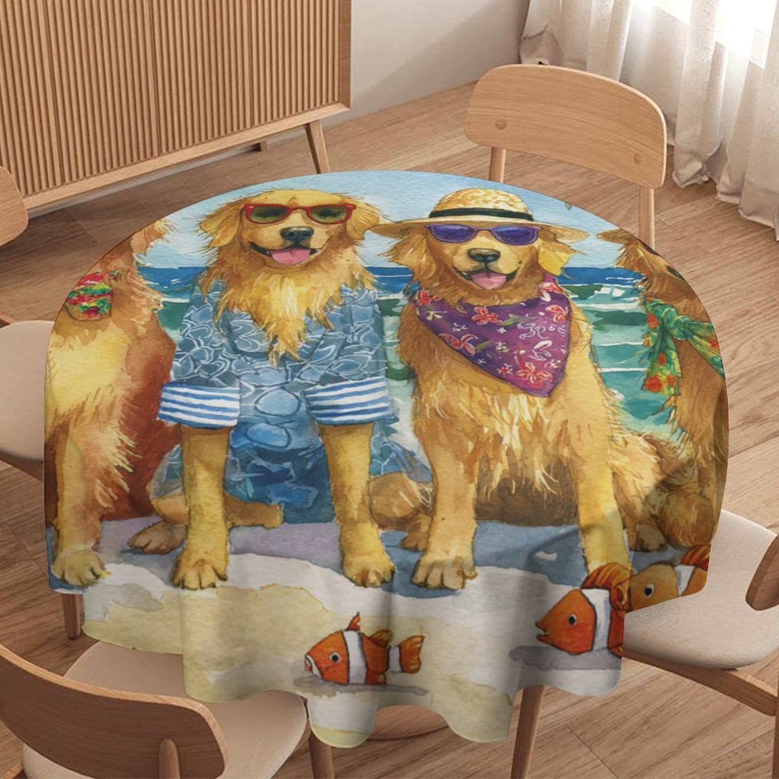 LUYYSKY Beautiful Abstract Cute Puppies Waterproof Round Tablecloth Nautical Realistic Summer Beach Palm Tree Animals Dogs Fish Print Washable Table Cover for Kitchen-127 Wx127 L cm