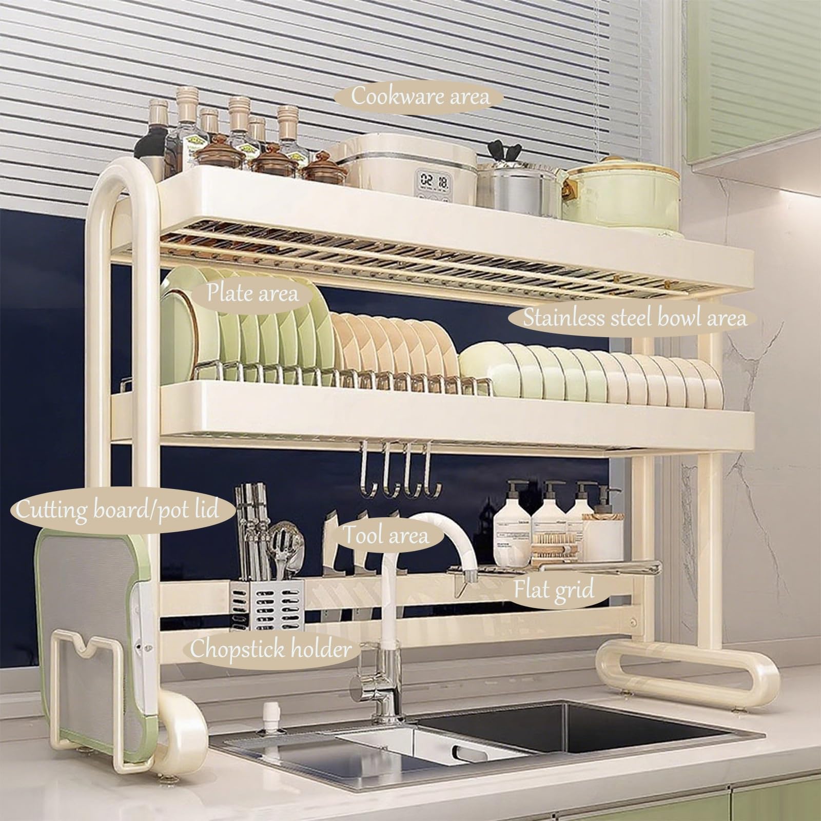 Escurreplatos grande sobre fregadero para organización de cocina, ideal para platos, vasos, cuencos y cubiertos, diseño de doble capa