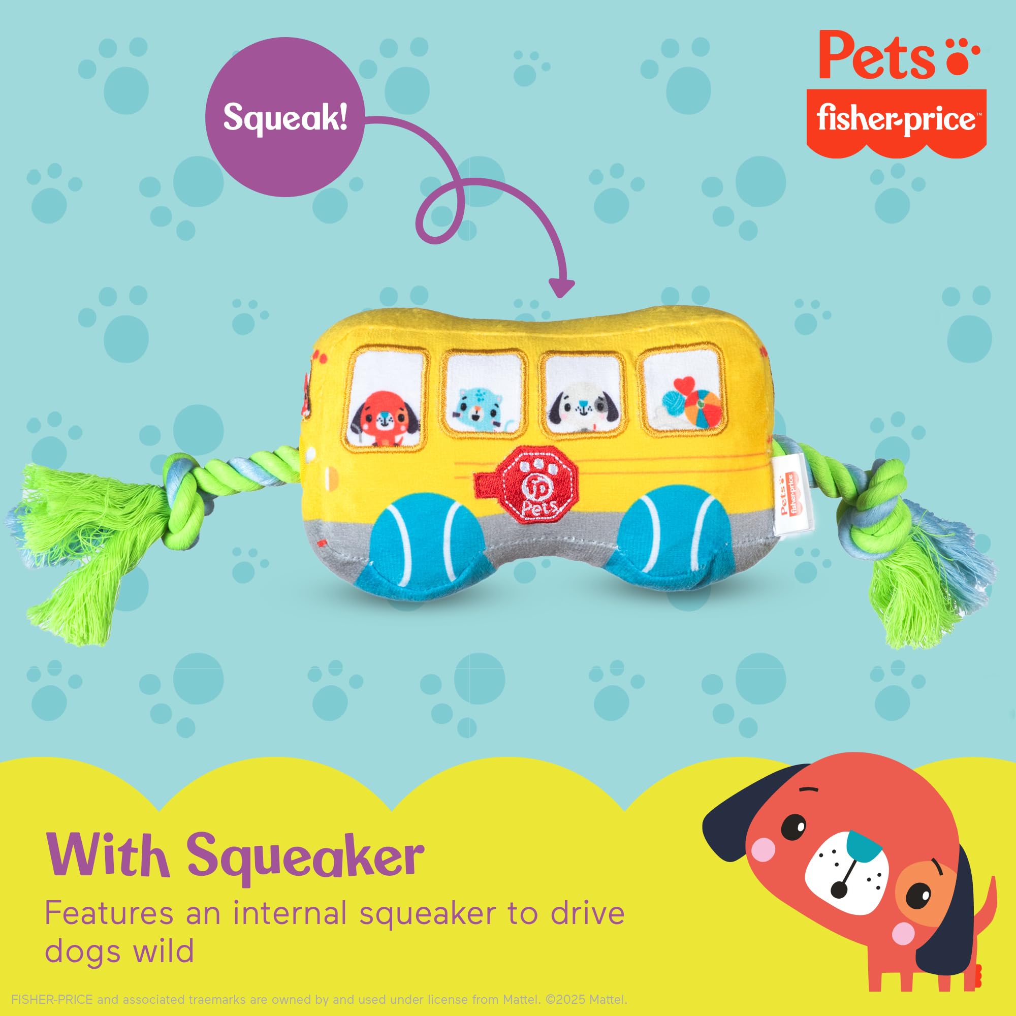 Fisher-Price Zabawka dla zwierząt domowych, autobus szkolny, zabawka dla psów, zabawka dla psa z liną, pluszowa zabawka dla psa z piszczałką wewnątrz, rozwojowe zabawki dla psów
