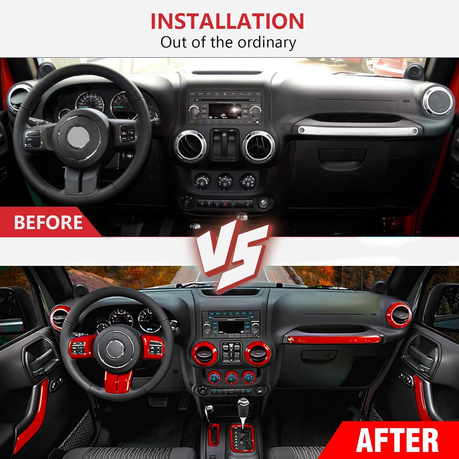 26PCS Full Set Interior Trim Kit Compatible With Jeep Wrangler JK JKU 2011-2018 2&4-door Inner Center Console Trim, Door Handle, Cup Holder Cover (Red Decoration Kit) Christmas Car Decorations