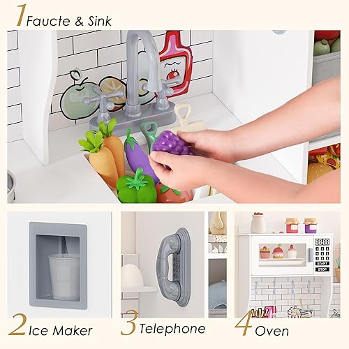 Miniatura 5 de Cocina grande de madera para jugar, cocinas de juguete grandes para niños con sistema de almacenamiento, juego de chef para niños pequeños con 14