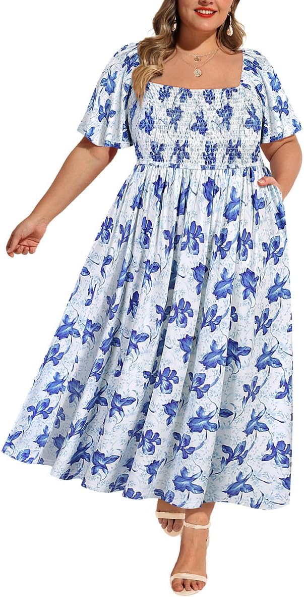 RITERA Plus Size Dresses for Curvy Women Square Neck Short Sleeve Summer Floral Smocked Maxi Dress with Pocket XL-5XL