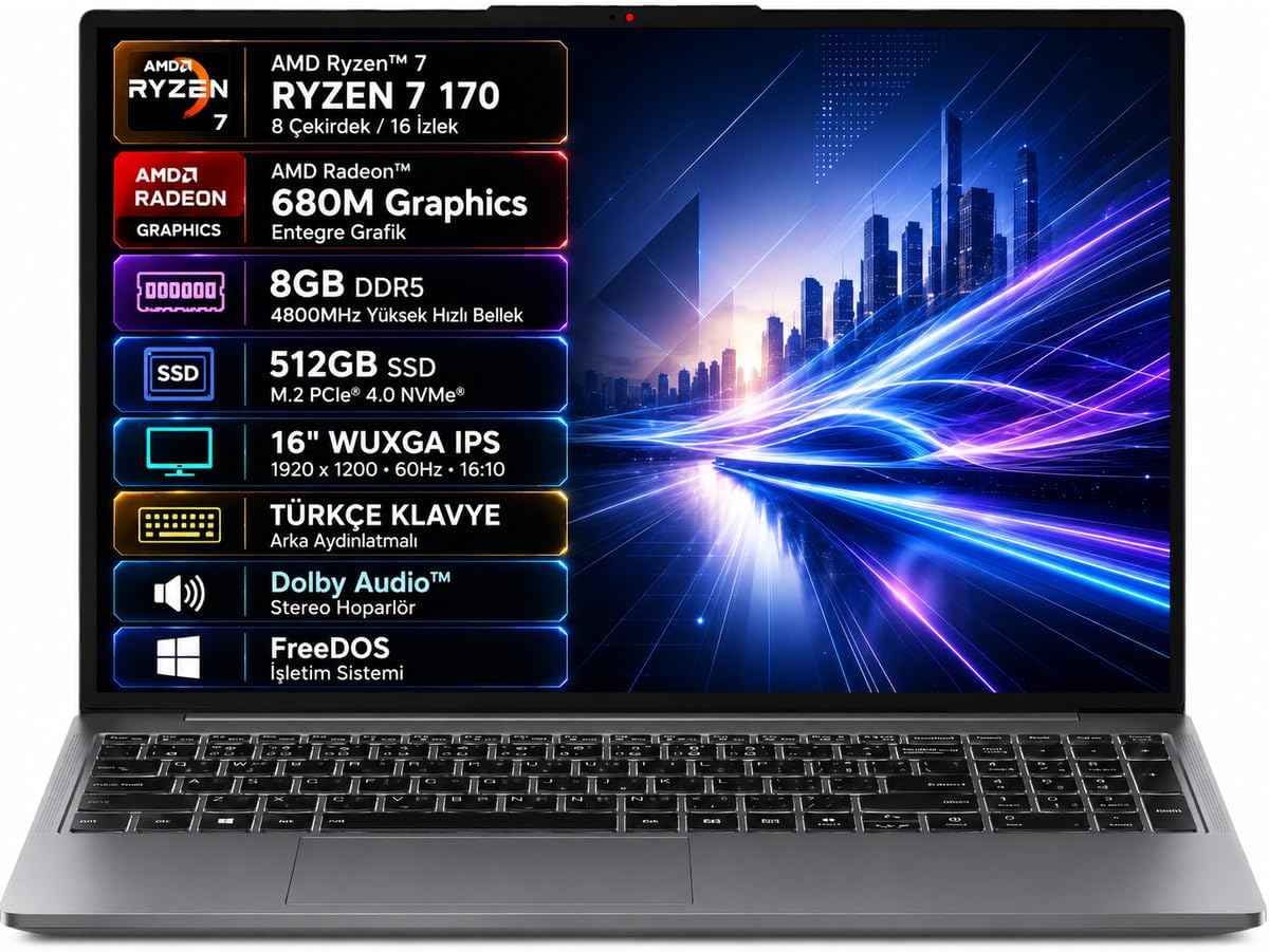 LENOVO IdeaPad Slim 3 16ARP10 83K800DKTR AMD Ryzen 7-170 8GB 512GB SSD 16" IPS Freedos