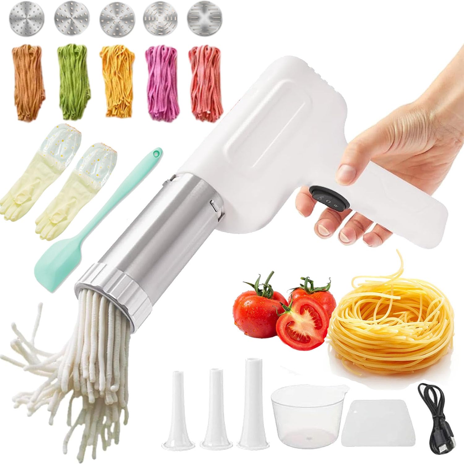 Idiyappam Maker Electric, Idiyappam Maker with 5 Interchangeable Mold Plates, Handheld Electric Pasta Maker, All-In-One Homemade Pasta Machine (White)