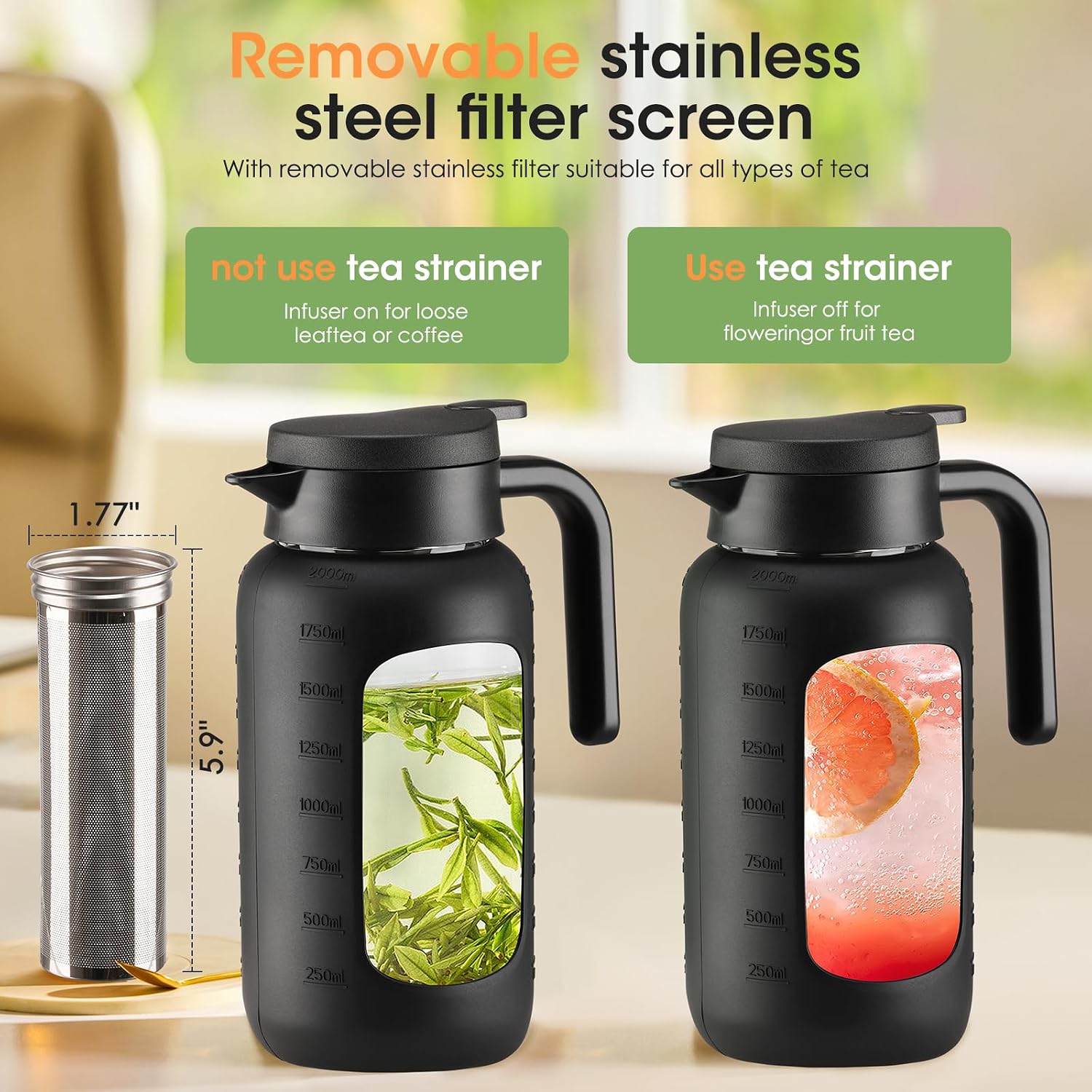 Condition photo showing New/Like New for 68 oz glass pitcher with lid and handle, glass carafe/jug for hot/cold water, large iced tea pitcher for coffee, juice and homemade beverage, black 68 ounces black