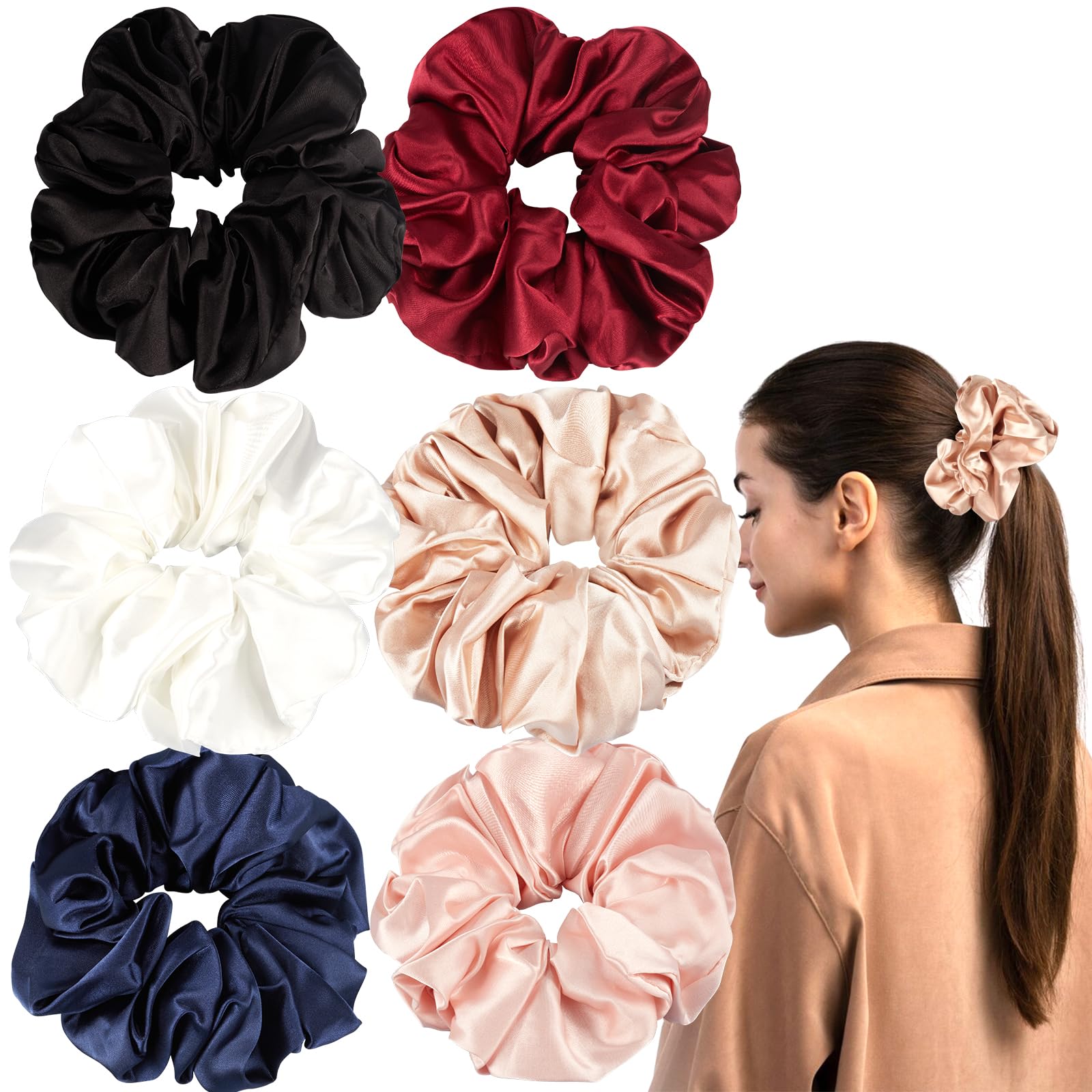 Coleteros de seda, 6 coleteros para mujer, lazos elásticos de gran tamaño para prevenir el encrespamiento y la rotura, cabello grueso y rizado (rojo)
