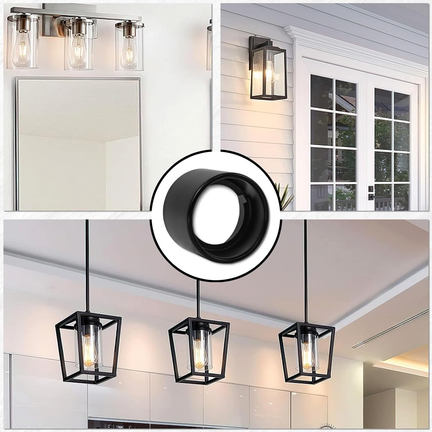 6 Pcs Black Light Socket Shade Rings, Metal Lamp Shade Collar Rings for Medium-Base Ceramic Sockets Lock E26 E27 Ceramic/Porcelain Socket with Thread Diameter 1-1/2 Inches (Metal)