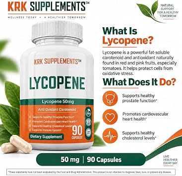 KRK SUPPLEMENTS Lycopene Supplement 50mg, Antioxidant & Men's Wellness Support, 2 Bottles, 180 Capsules