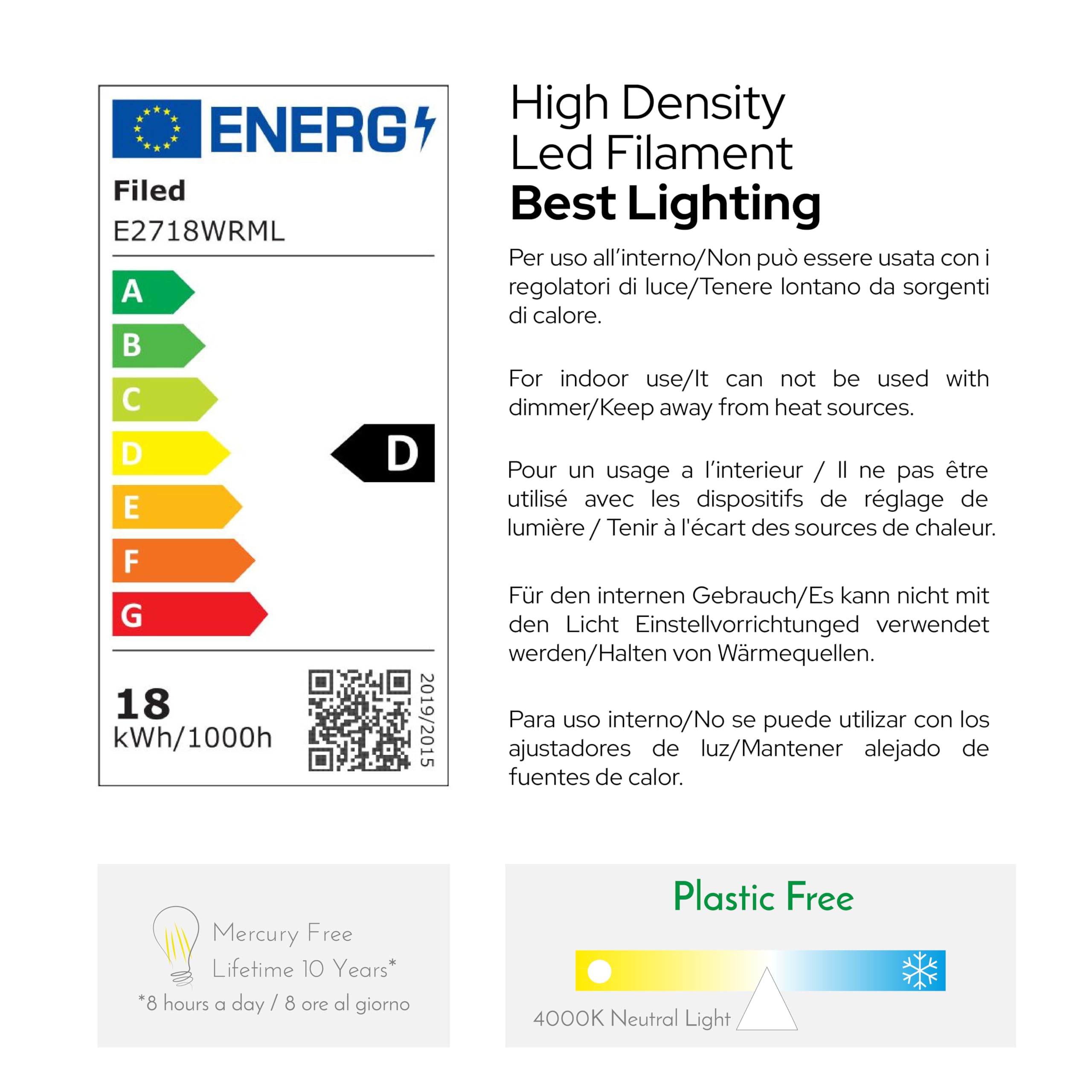 Bombilla Gota 18W Equivalente a 180W, E27, Cristal Lechoso, 4000K Luz Natural, filamento LED recto, 2452 Lúmenes, Pack de 10 unidades