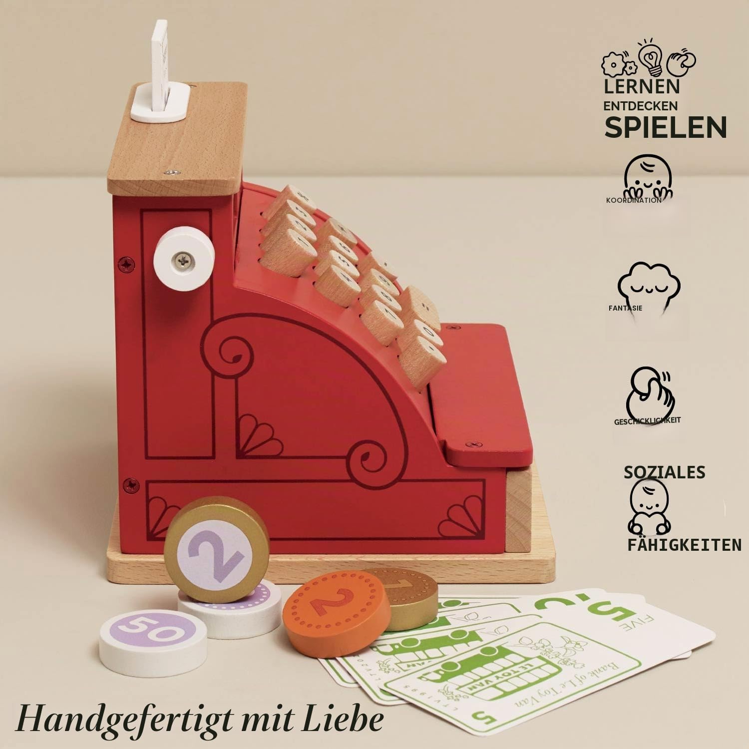 Le Toy Van – Honeybake Rollenspiel Kasse aus Holz mit Kassenbeleg, Kassenschublade und Spielgeld | Ideal für Rollenspiel Supermarkt, Lebensmittelladen oder Café, Geldkasse, TV295