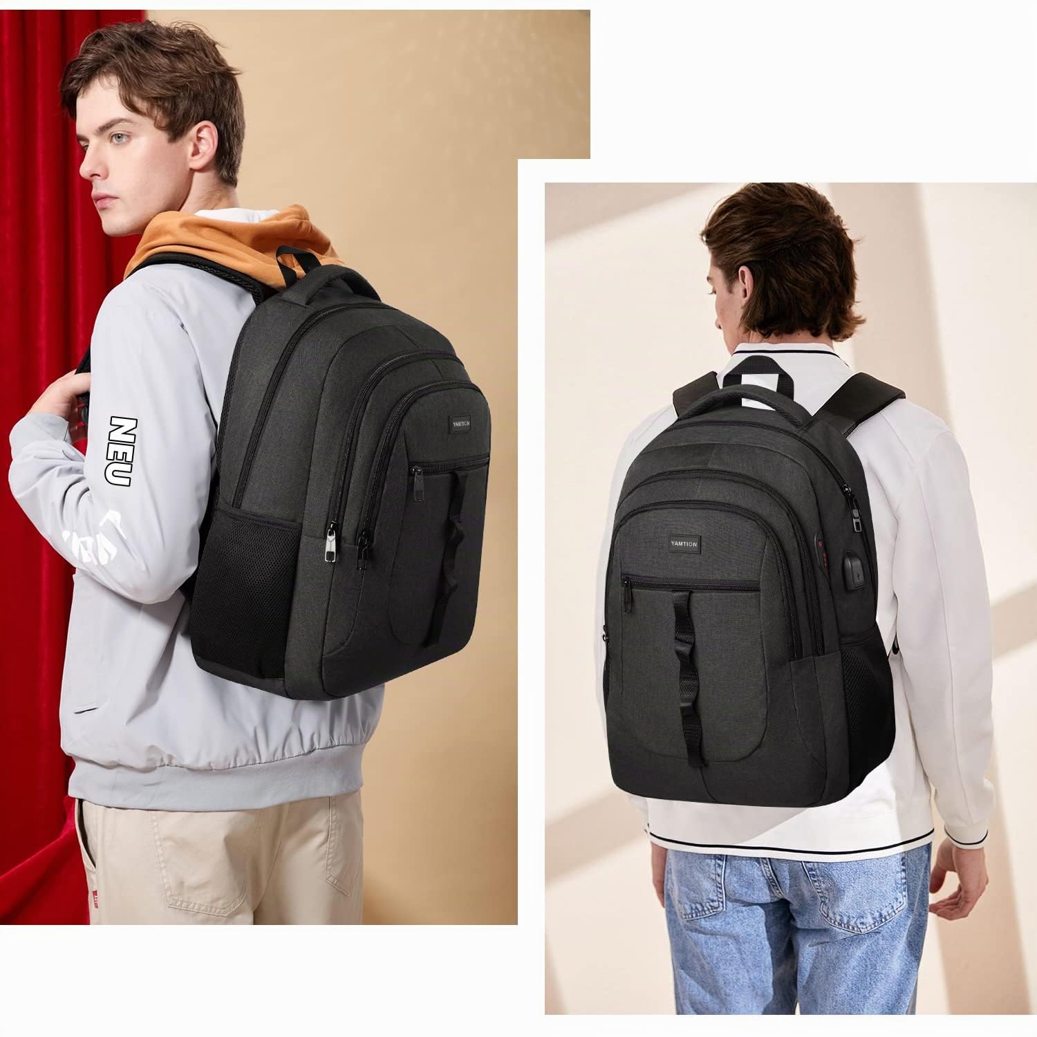 YAMTION Schwarz Rucksack Herren und Damen,Unisex Schulrucksack Teenager für Jungen Mädchen Laptop Rucksack Schultasche mit USB für Uni Schule Arbeit Büro