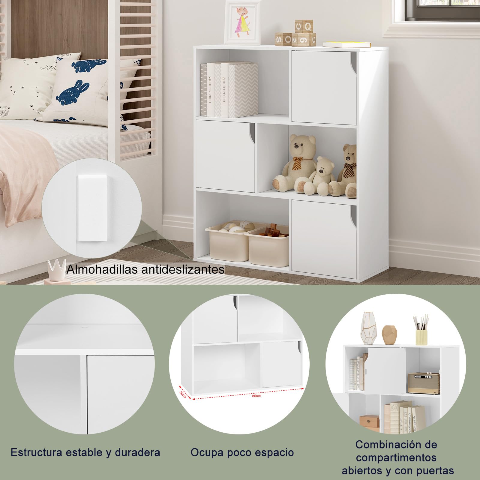 eSituro Libreria de 3 Niveles, Estanteria Almacenaje con 6 Compartimentos | Con Puertas, Organizador de Libros y Juguetes para Dormitorio, Oficina o Estudio, 80x30x96 cm, Blanco, SBKC0050