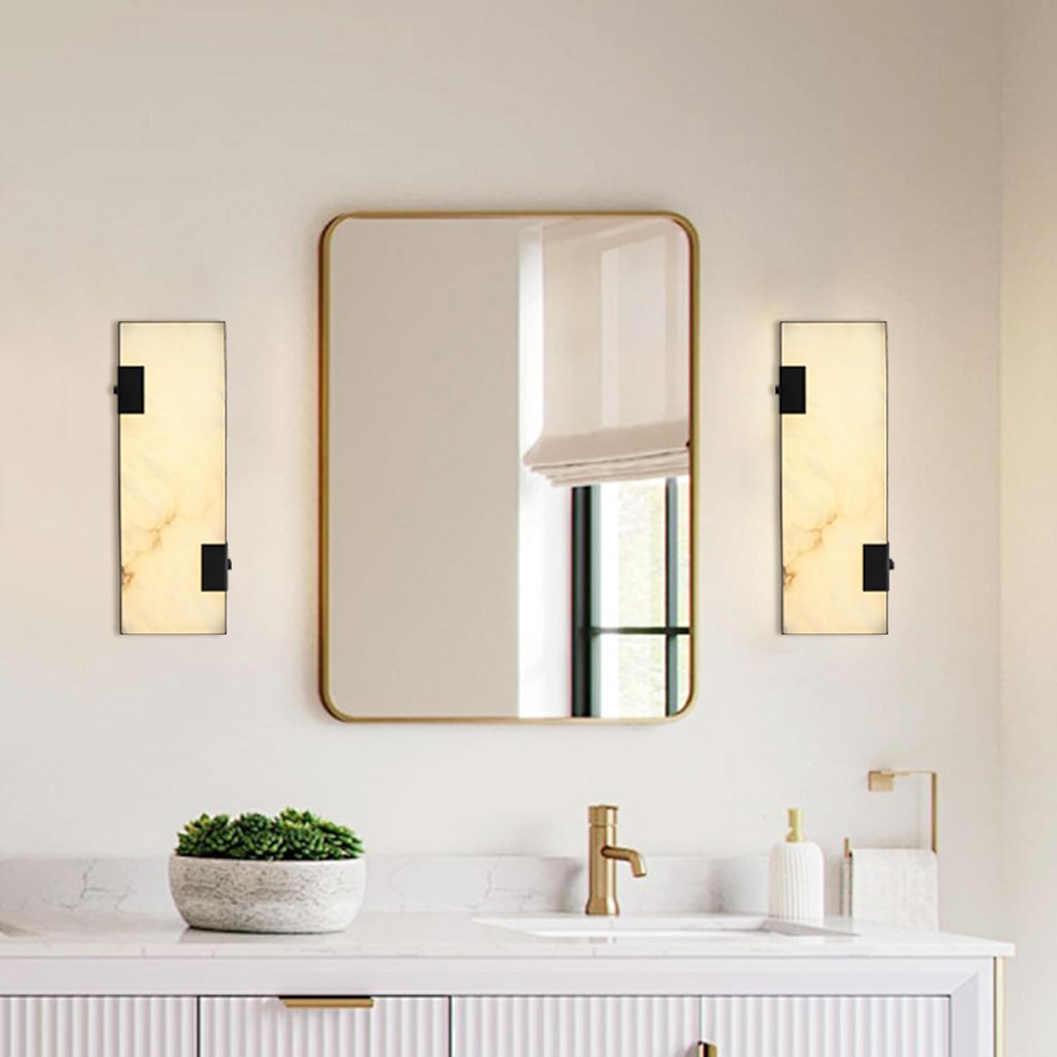 Modern Alabaster Marble Wall Sconces 14.17” Black Frame Dimmable 3000K Warm Glow Light Set of 2 for Bathroom Bedroom Hallway Living Room