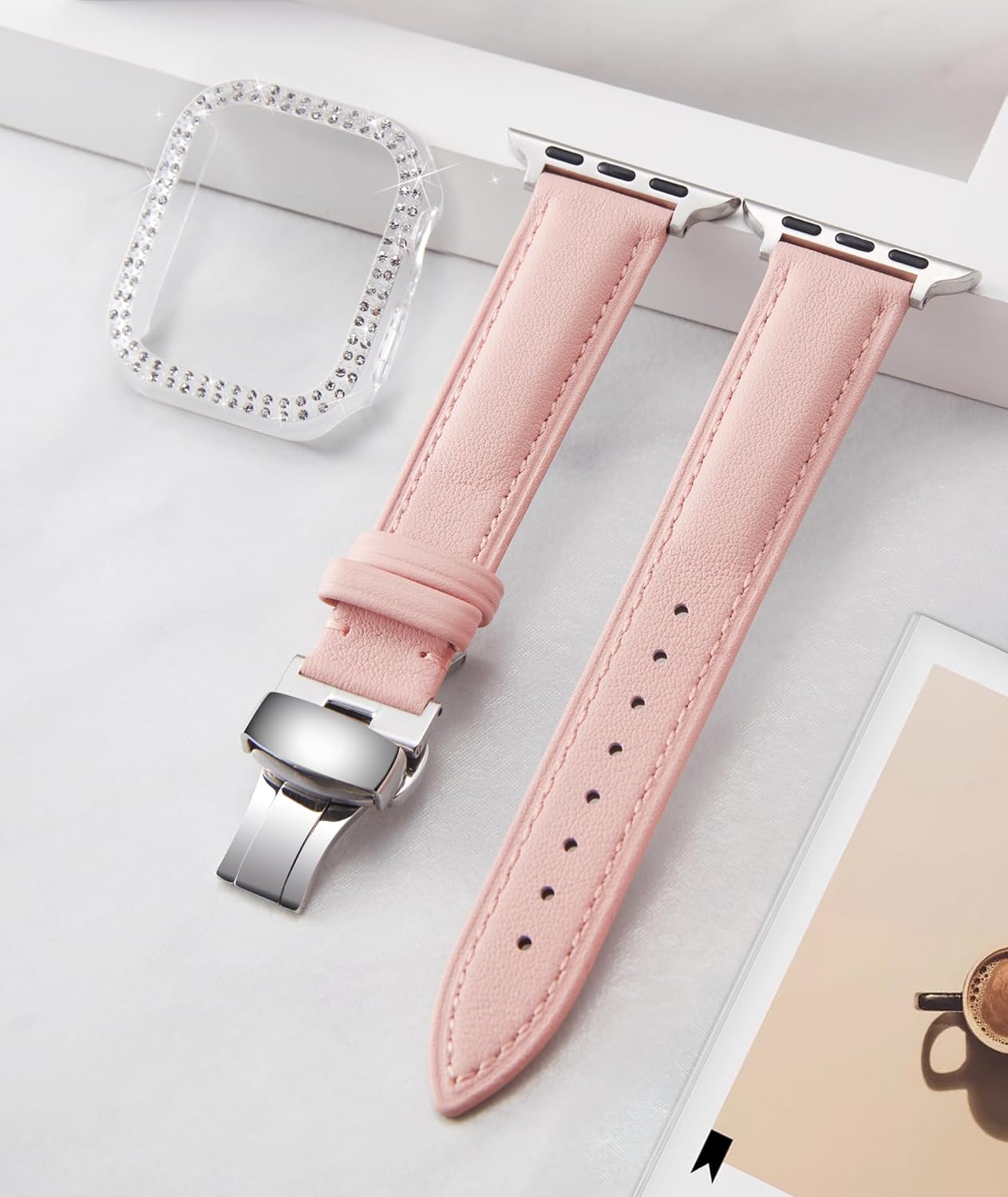 BINLUN Leather Band Compatible with Apple Watch 46mm 45mm 44mm 42mm 41mm 40mm Women Leather Strap with Glitter Diamond Case Compatible with iWatch Series 11/10/9/8/7/SE3/SE2/SE/6/5/4