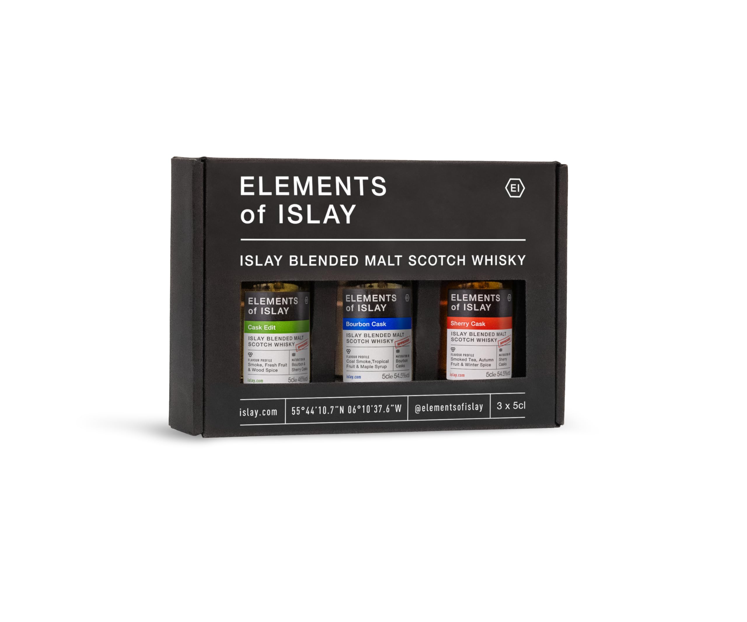 Elements Of Islay Blended Malt Whisky | Trio Giftpack | 3 x 50ml | Cask Edit (46 percent), Bourbon Cask (54.5 percent) & Sherry Cask (54.5 percent) | Perfect for Gifting