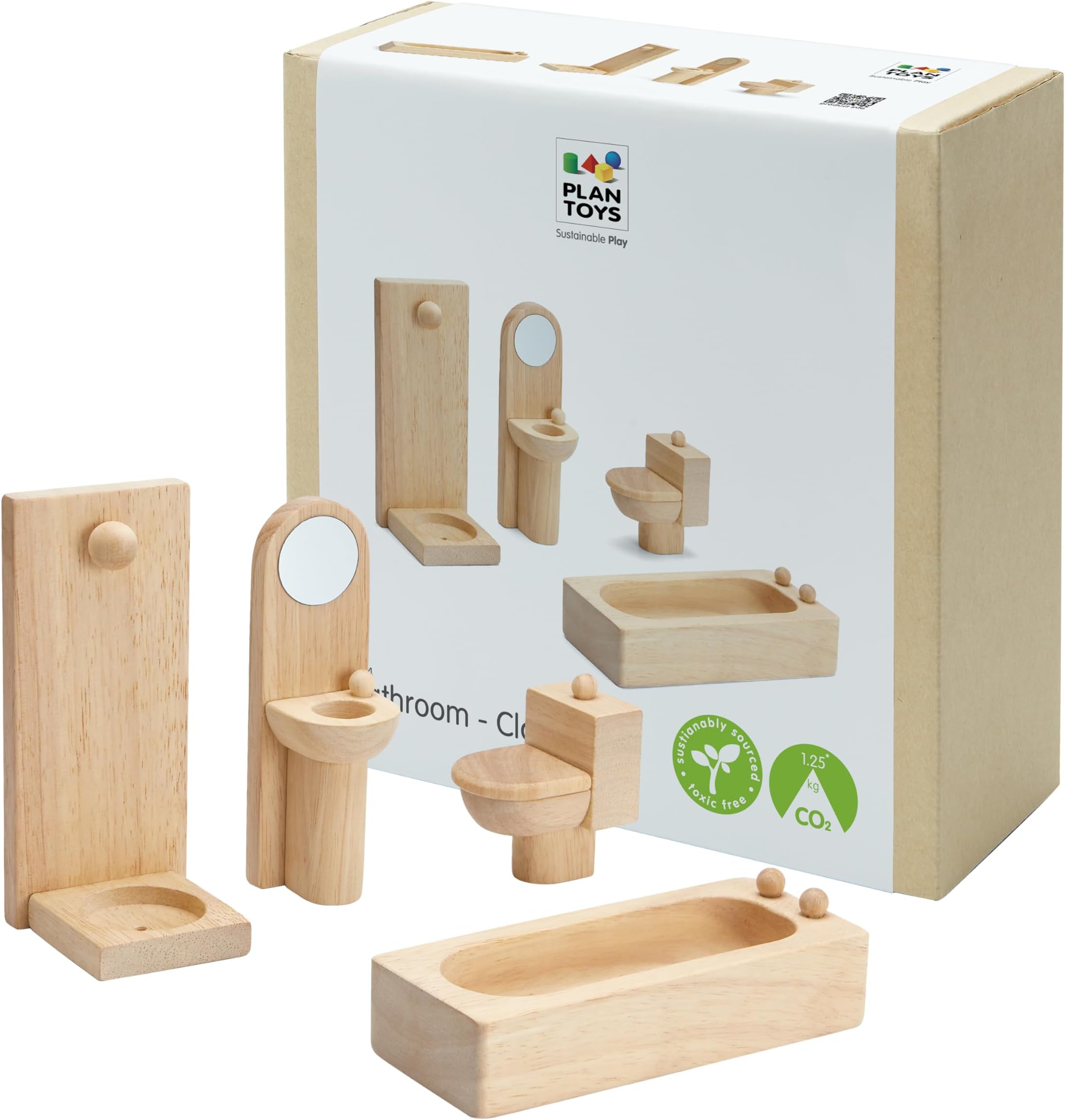 Bathroom Classic Set for Montessori Inspired Home and Small World Play | Practical Life, Social Skills and Imaginative Scene Building | Eco Friendly Wooden Dollhouse Bathroom Furniture