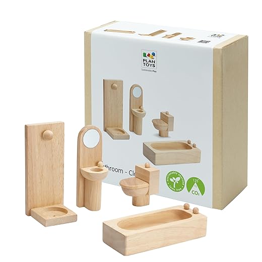 PlanToys Wooden Classic Line of Dollhouse Furniture- Bathroom Set (9014) | Sustainably Made from Rubberwood and Non-Toxic Paints and Dyes | PlanNatural Classic Wooden Toy Collection