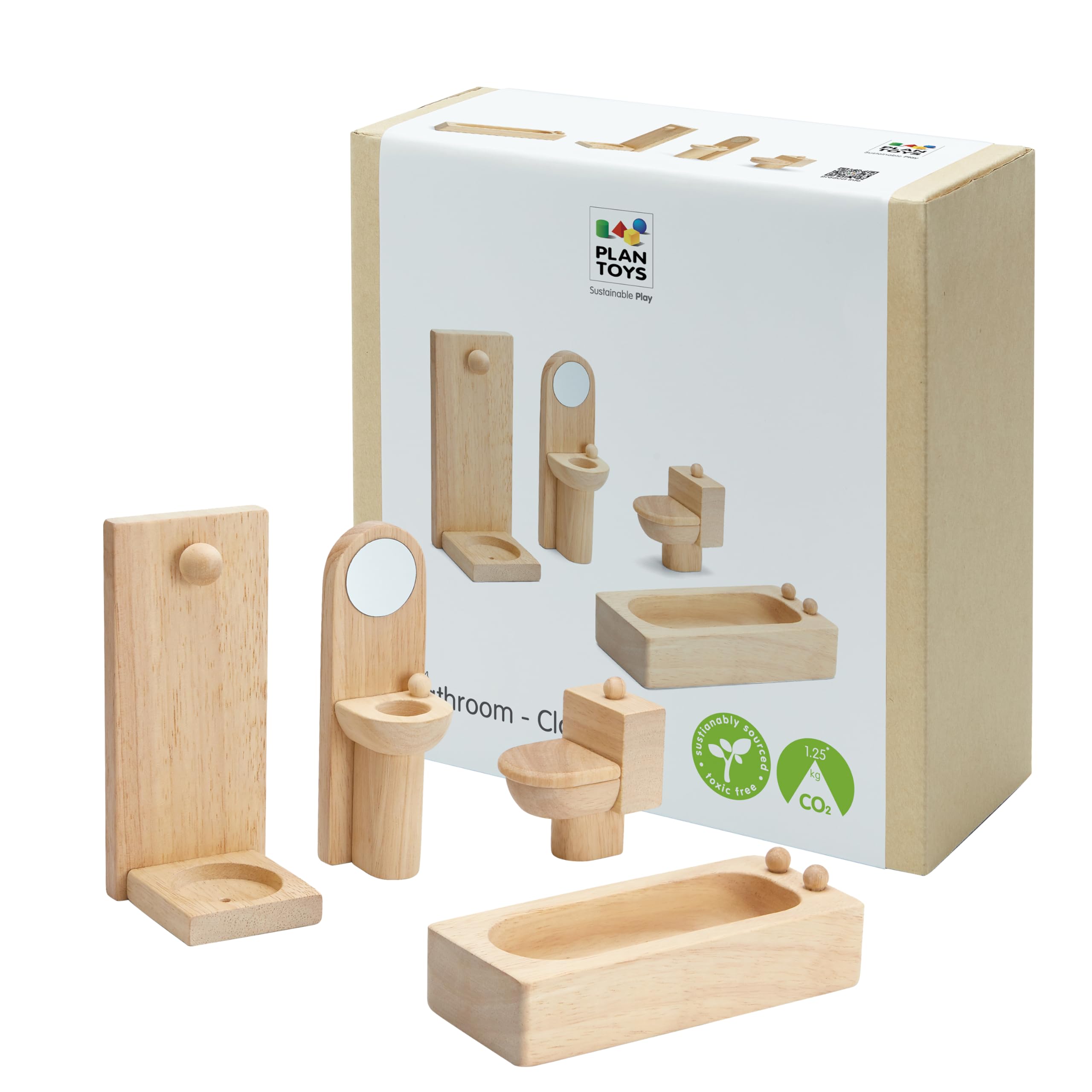 Bathroom Classic Set for Montessori Inspired Home and Small World Play | Practical Life, Social Skills and Imaginative Scene Building | Eco Friendly Wooden Dollhouse Bathroom Furniture