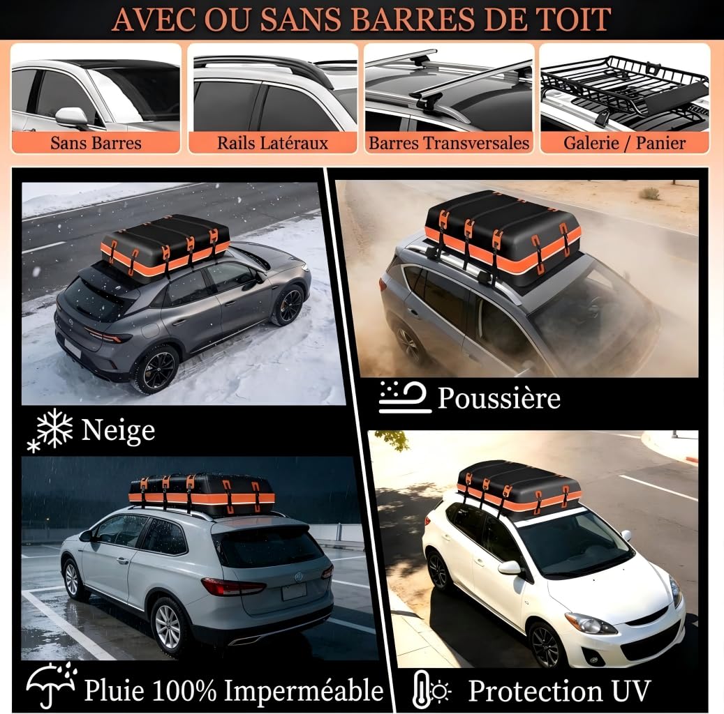 Coffre de Toit Voiture Souple 570L, Sac de Toit 100% Imperméable PVC, Rangement Bagage Voyage, Tapis et 6 Crochets Inclus, pour SUV/Voitures avec ou sans Barres de Toit