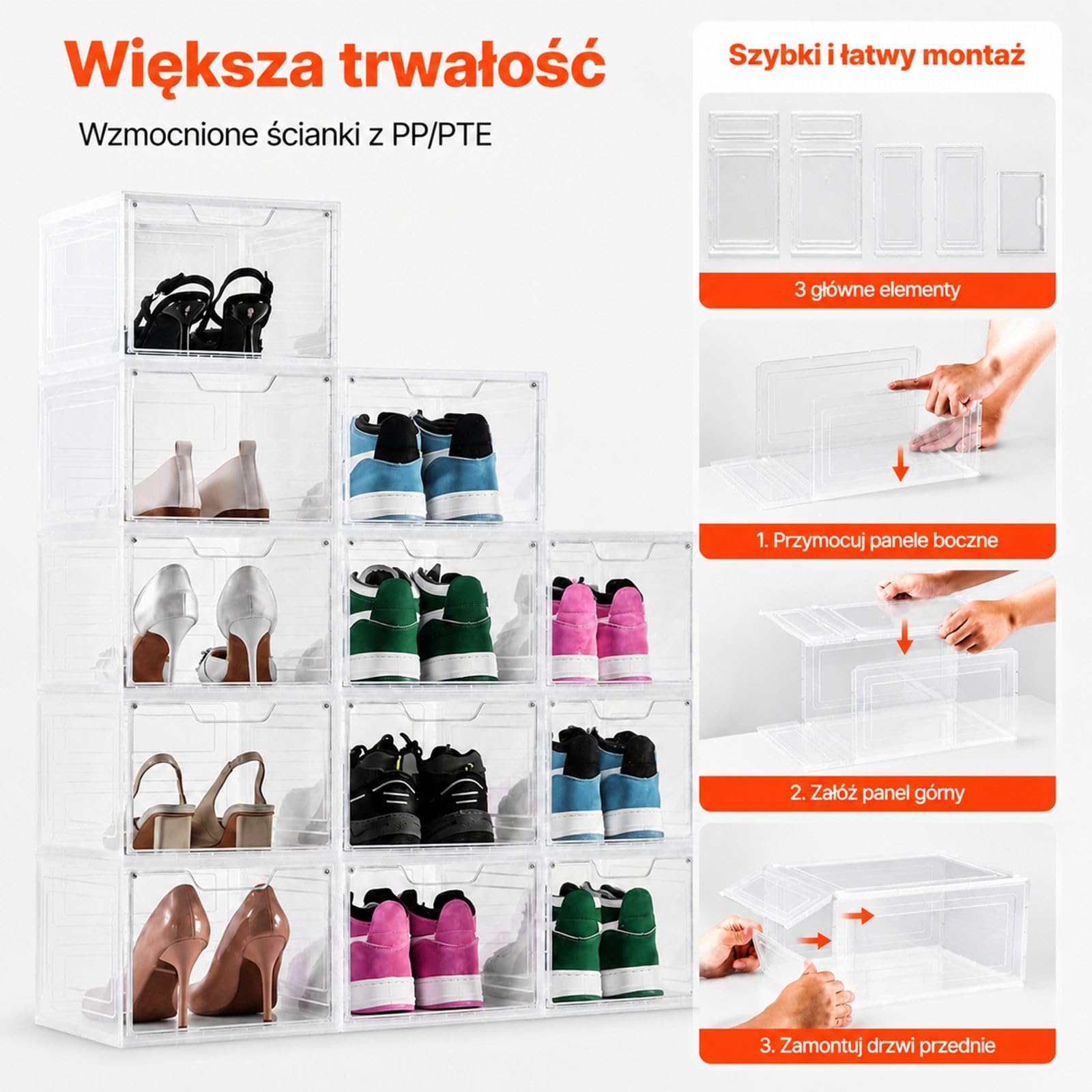 12 układanych pudełek na buty przezroczyste białe, organizer PP/PET z drzwiczkami magnetycznymi dla rozmiaru US 13, obcasy kozaki kapelusze