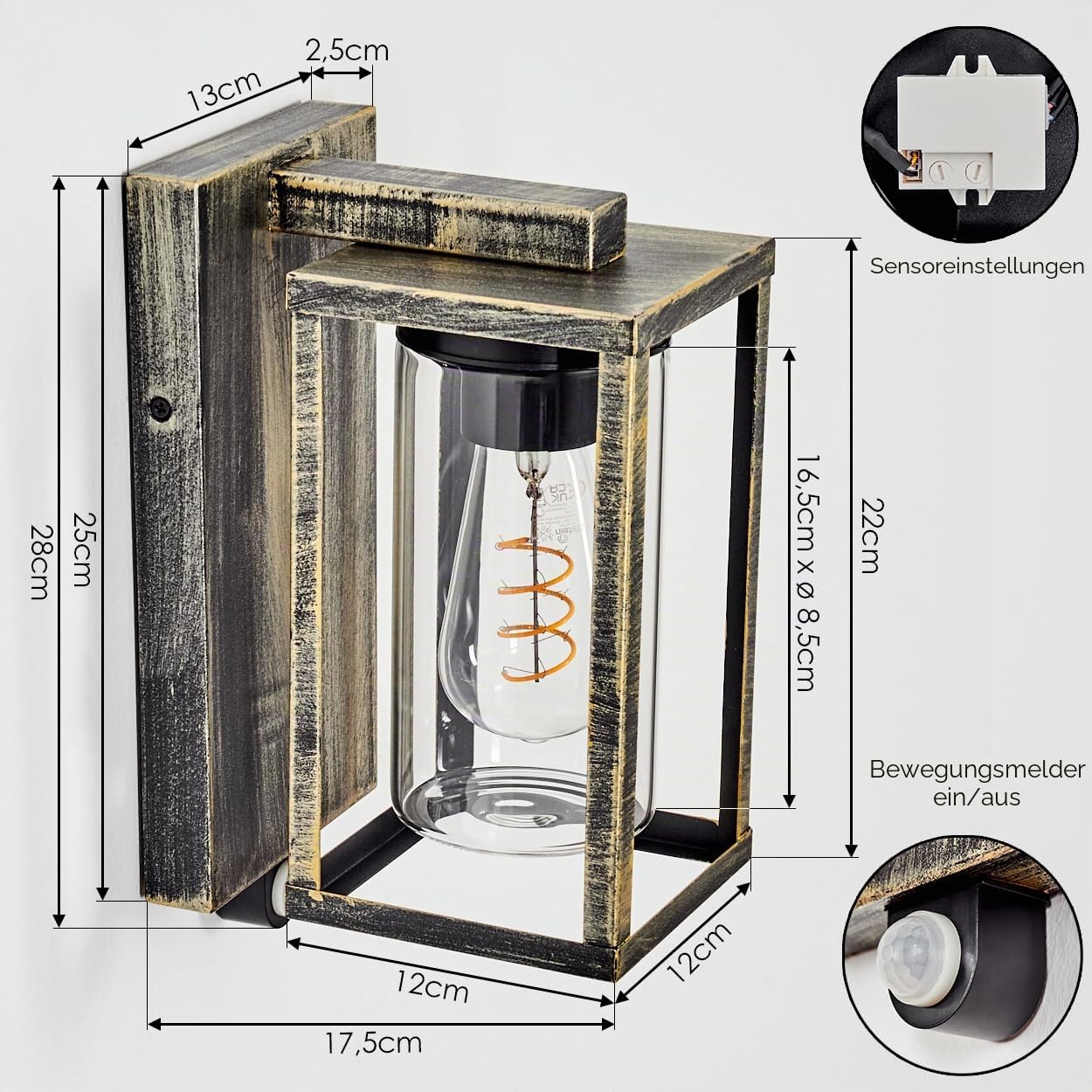 HOFSTEIN Außenwandleuchte Portalis, Außenleuchte mit Bewegungsmelder aus Metall/Glas in Schwarz-Gold/Klar, moderne Wandlampe für Eingangsbereich, 1 x E27, ohne Leuchtmittel, IP44