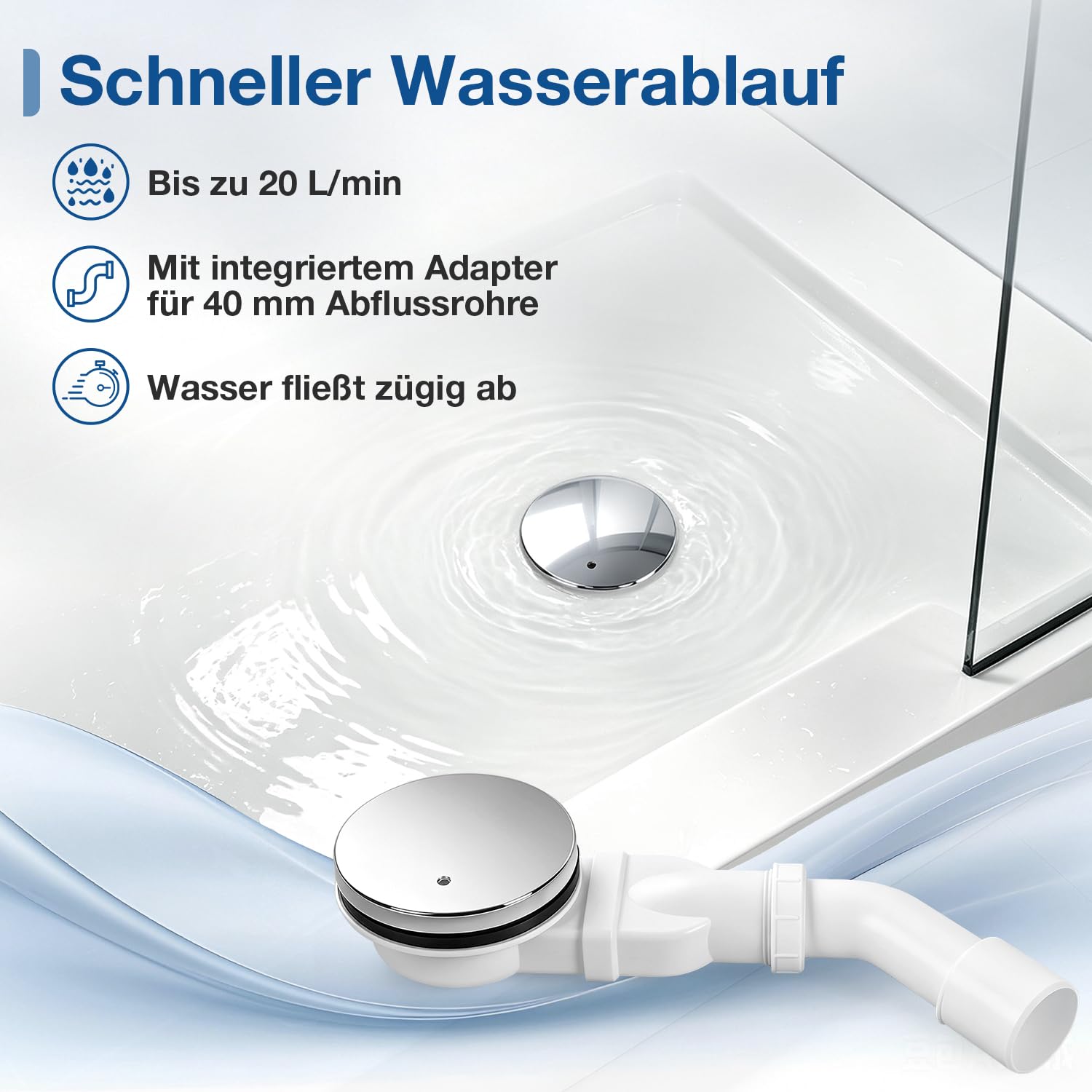 Piatto doccia 90 x 90 cm, quarto di cerchio con sifone, acrilico | 4 cm piatto, set completo con scarico, diametro 90 mm, per ristrutturazione del bagno, costruzione nuova e piccoli bagni