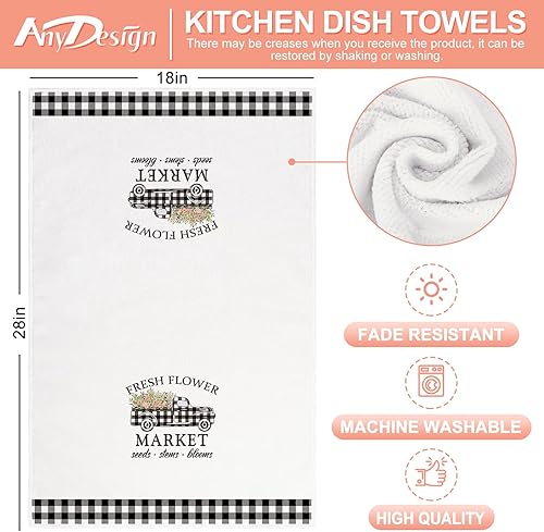 Miniatura 2 de AnyDesign Toallas de cocina de primavera con diseño floral de acuarela rústico blanco negro a cuadros toalla de té de secado a mano para cocinar
