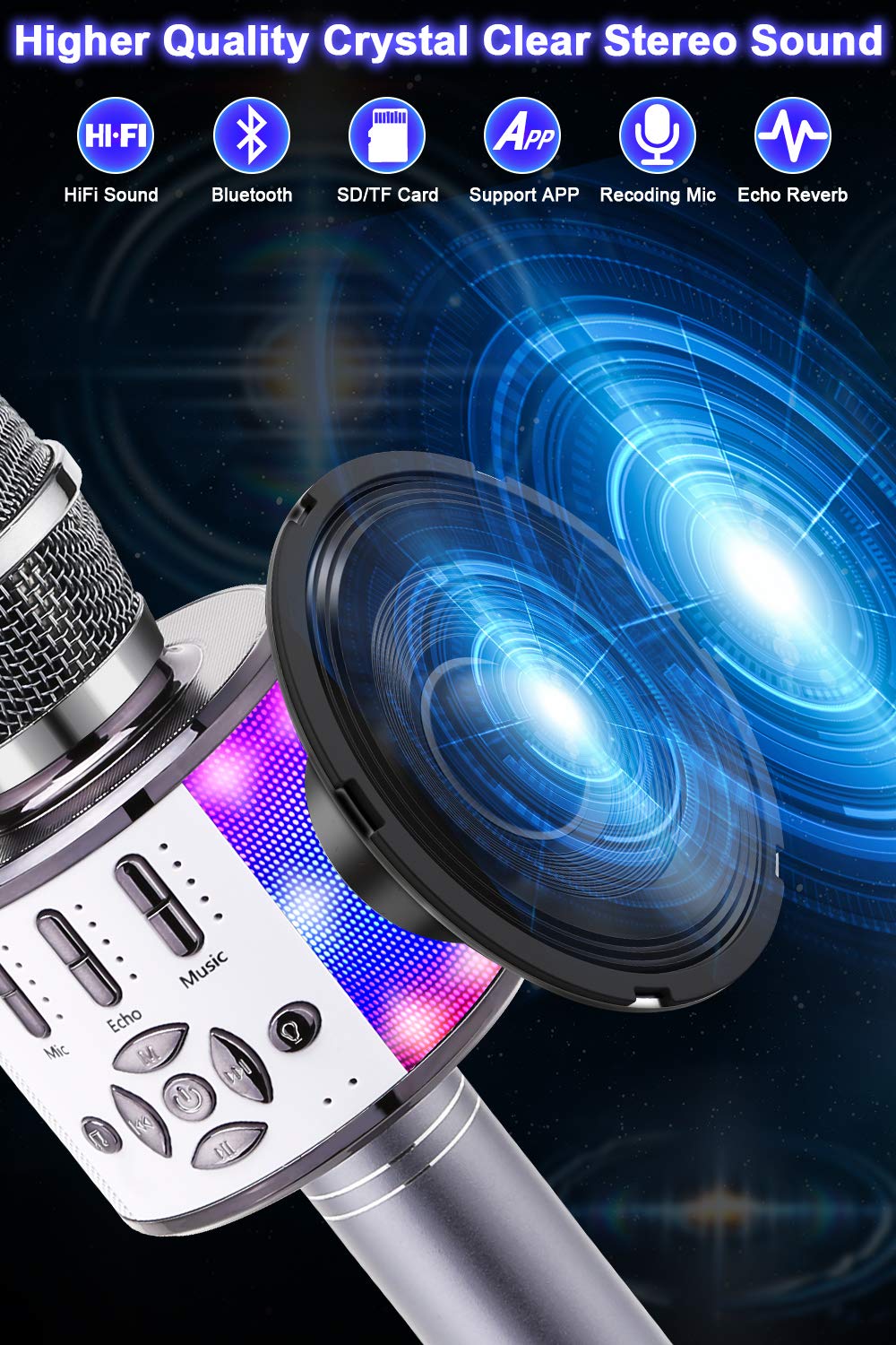 BONAOK Microfono Karaoke Cambia voce, Microfono Colorato per Adulti,Microfono Karaoke Luci e Suoni,Microfono Home KTV Sing, Macchina Karaoke Alternativa, Compatibile con IOS Android (Grigio Siderale)