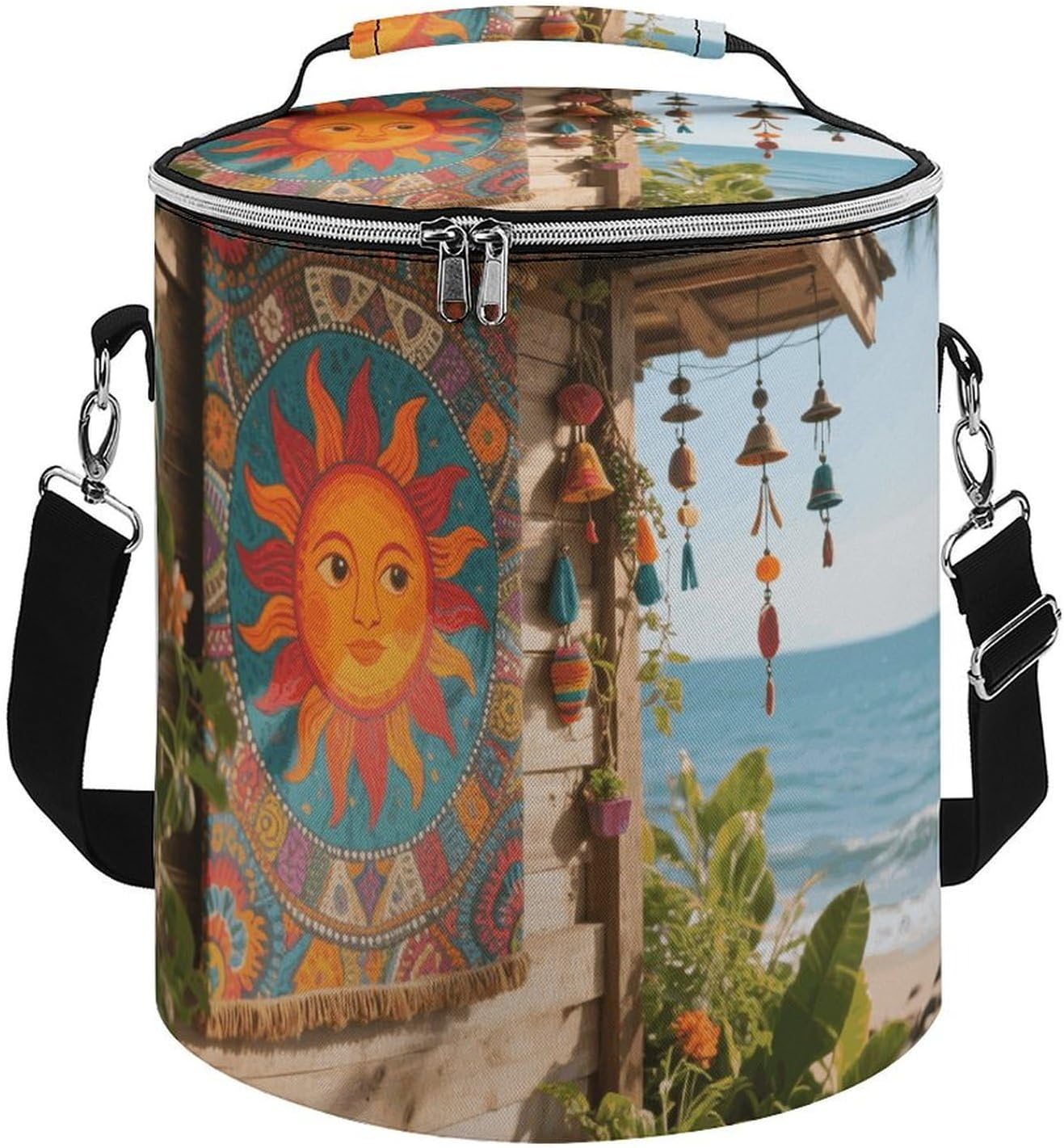 Retro Boho Sun Lunch Bag 15L, Insulated Picnic Basket with Leakproof Design - Large Cooler Tote for Camping, Beach, Hiking & Groceries
