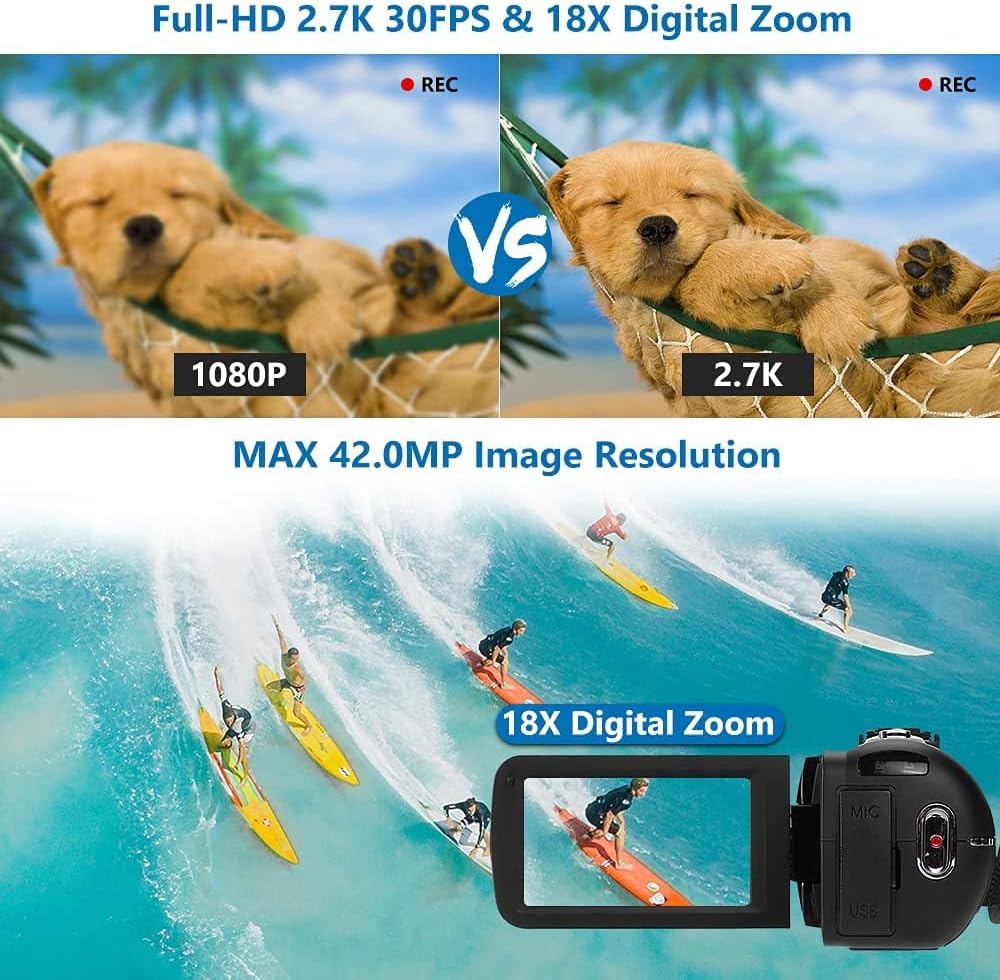 2.7K 30 FPS Video Camera 42MP 18X Digital Camera Video Camera for YouTube 3.0inch Flip Screen Camcorder Vlogging Camera with Remote Control and Two Batteries