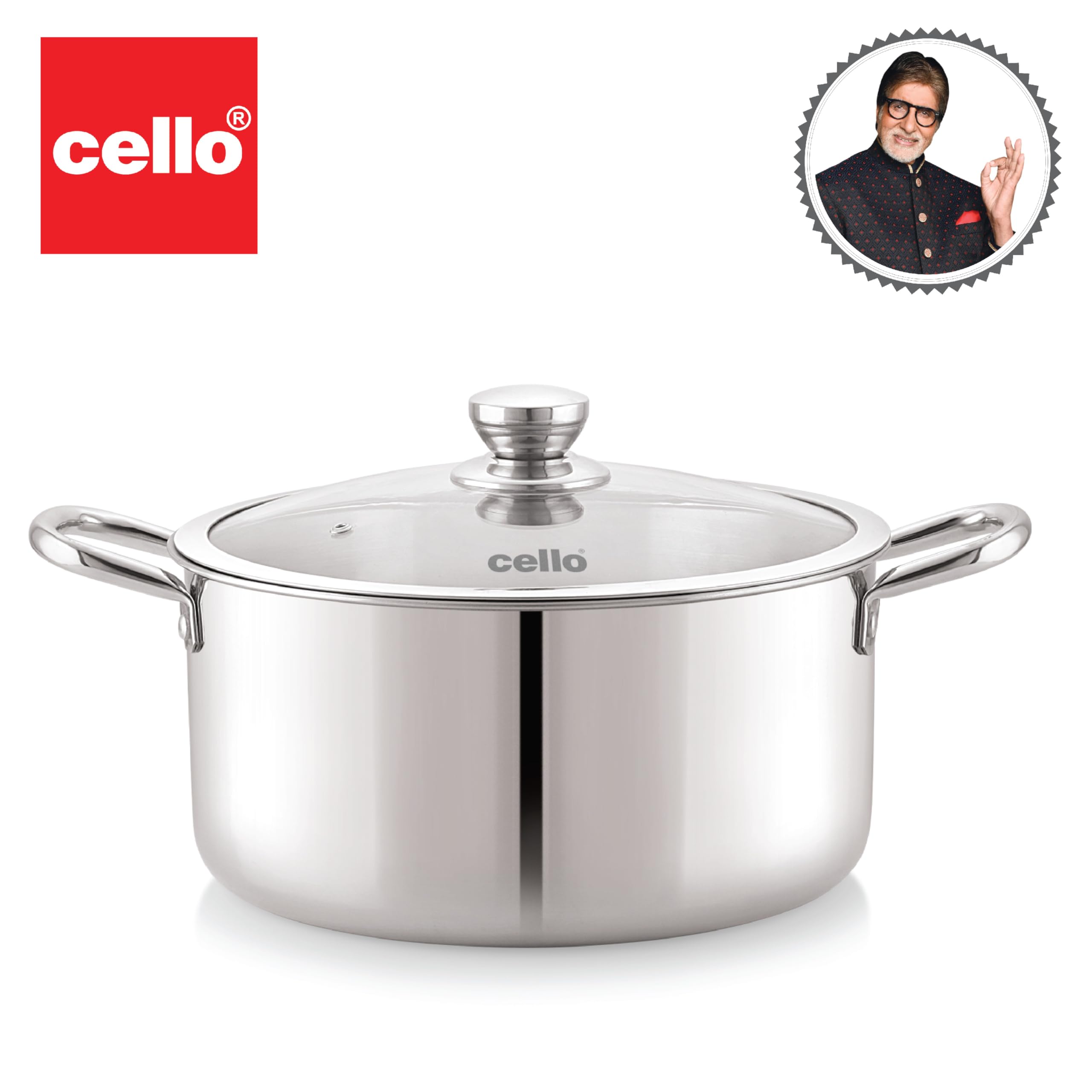 Cello Tri-Ply 22 cm Stainless Steel Cookware Casserole, 4 LTR | Tri-Ply Bottom Casserole with Glass Lid | Induction and Gas Stove Friendly | for Biryani/Pulao/Halwa/Curries | Silver 4