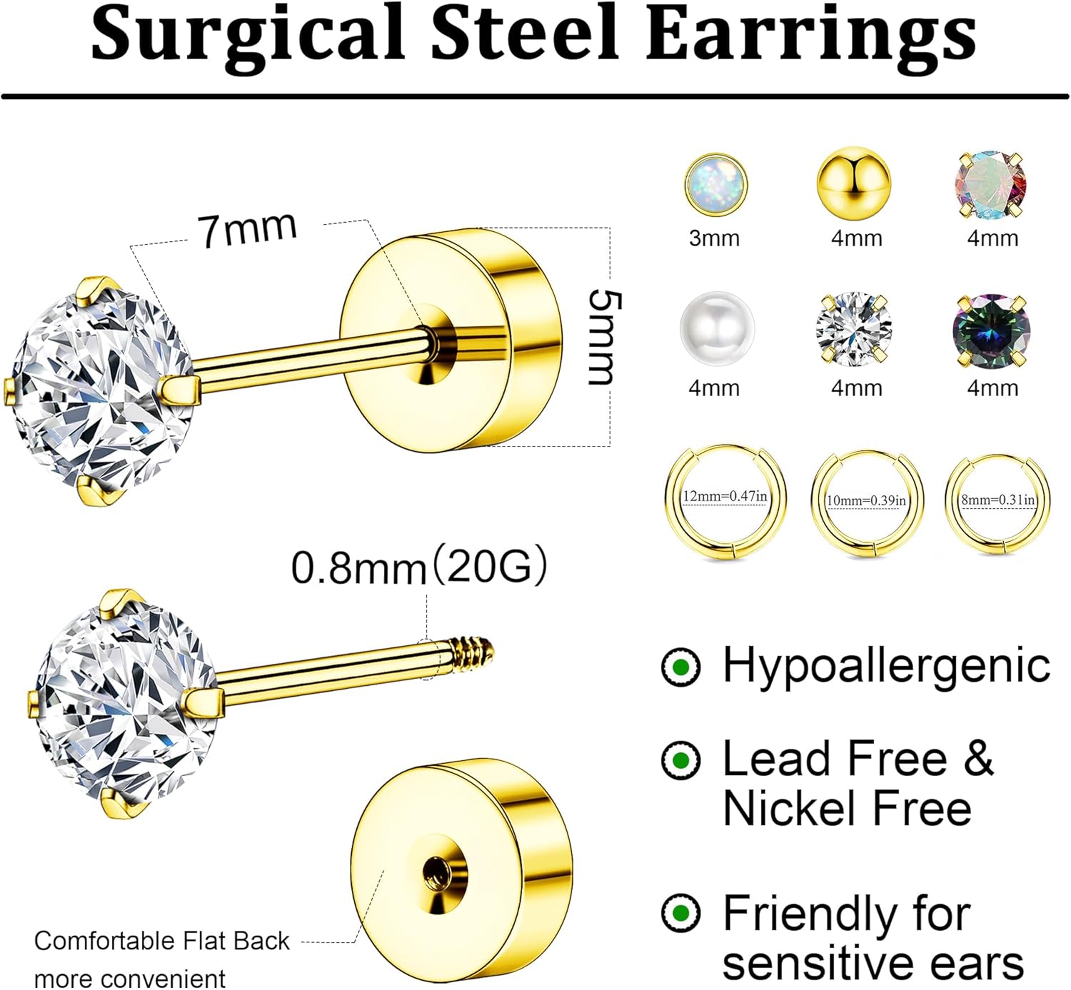 316L Surgical Stainless Steel Earrings for Women Men Hypoallergenic Flat Back Stainless Steel Stud Earrings for Sensitive Ears Dainty Cartilage Helix Earring Sets for Multiple Piercing Jewelry Gifts - Image 2