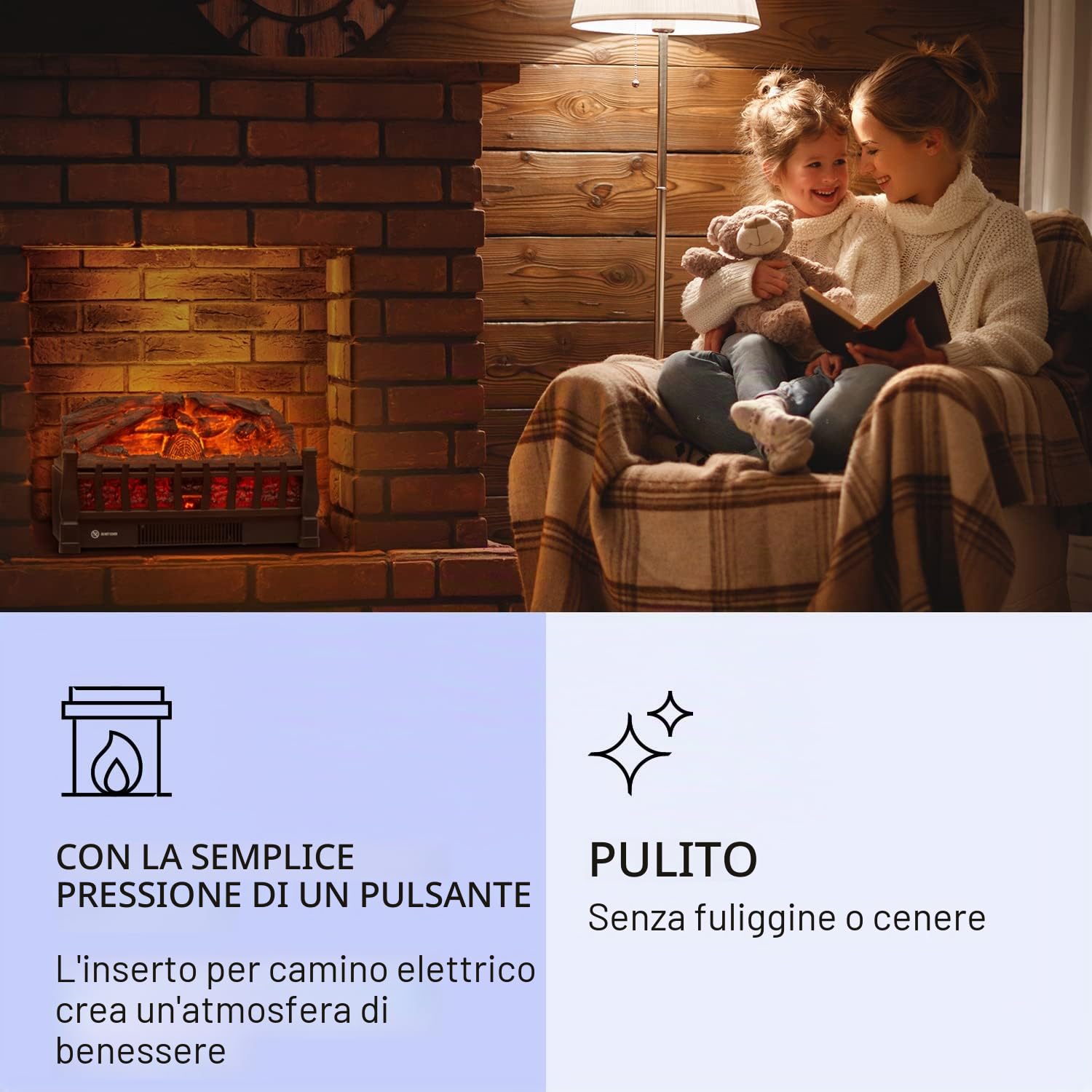 Klarstein Camino Elettrico, Caminetto Elettrico 1800 W, Camino Finto a Riscaldamento Elettrico a Basso Consumo, Fuoco Finto LED, Spazio per Legna, Termocamino con Telecomando, Termostato e Timer