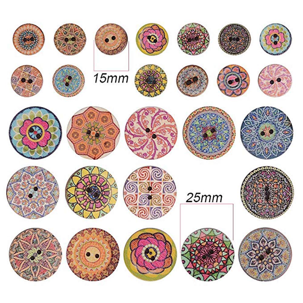 Bottoni In Legno Vintage | 100 Pezzi 25mm | Con 2 Fori | Per Cucito E Fai-Da-Te | Modelli Misti