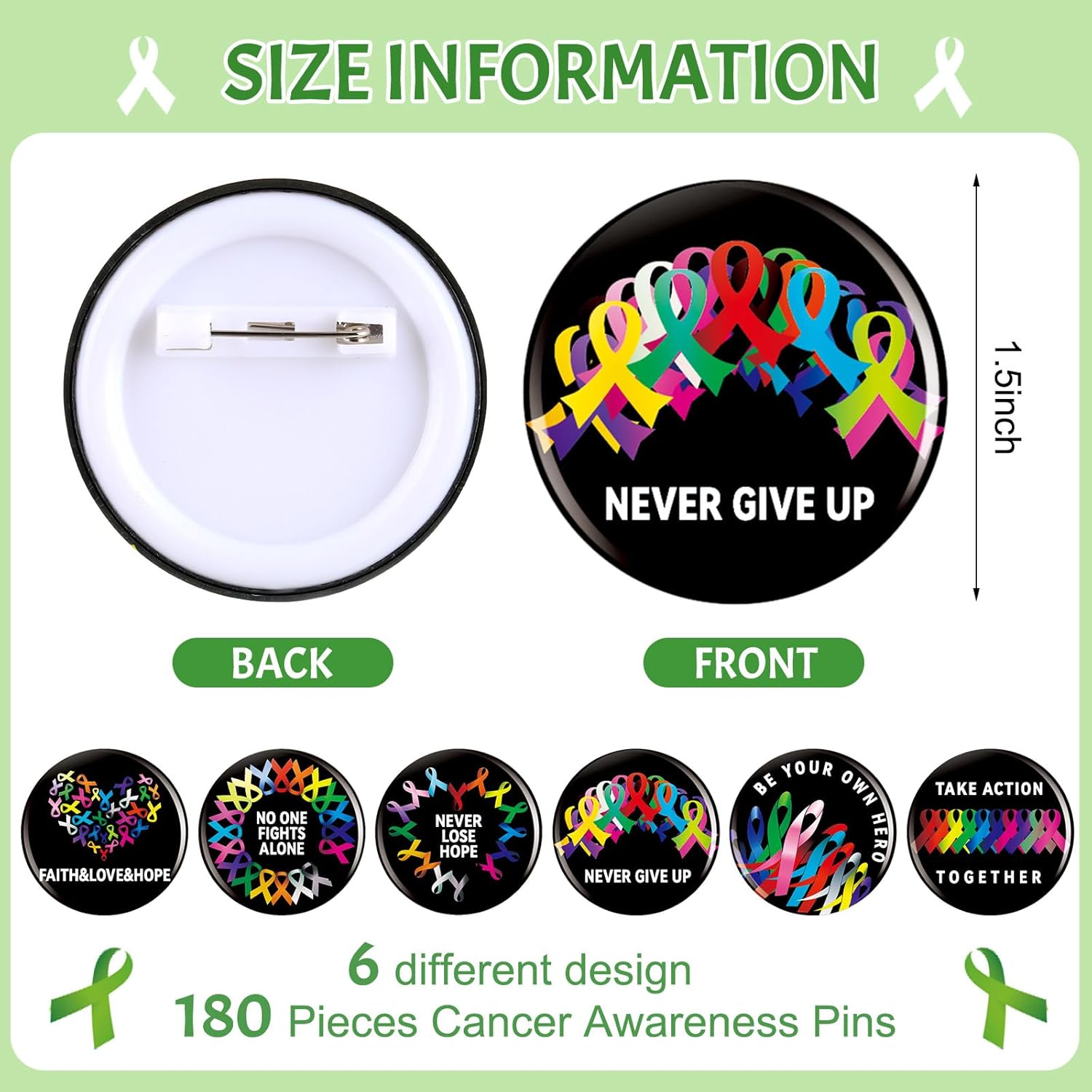 Kigeli 180 Pcs Cancer Awareness Buttons Pins Bulk Multi Color Cancer Awareness Accessories Items 1.5 Inch Ribbon Lapel Pins for Support Gifts Decorations, 6 Styles