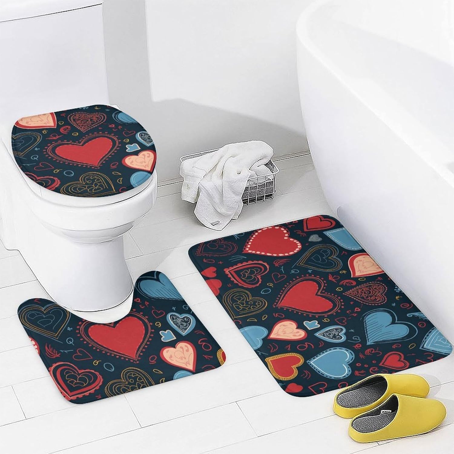 Arious Heart Shapes Shower Curtain Set 4 Piece, Non-Slip Bath Mat with Toilet Lid Cover and Waterproof Shower Curtain with 12 Hooks, Complete Bathroom Set for Home Decor