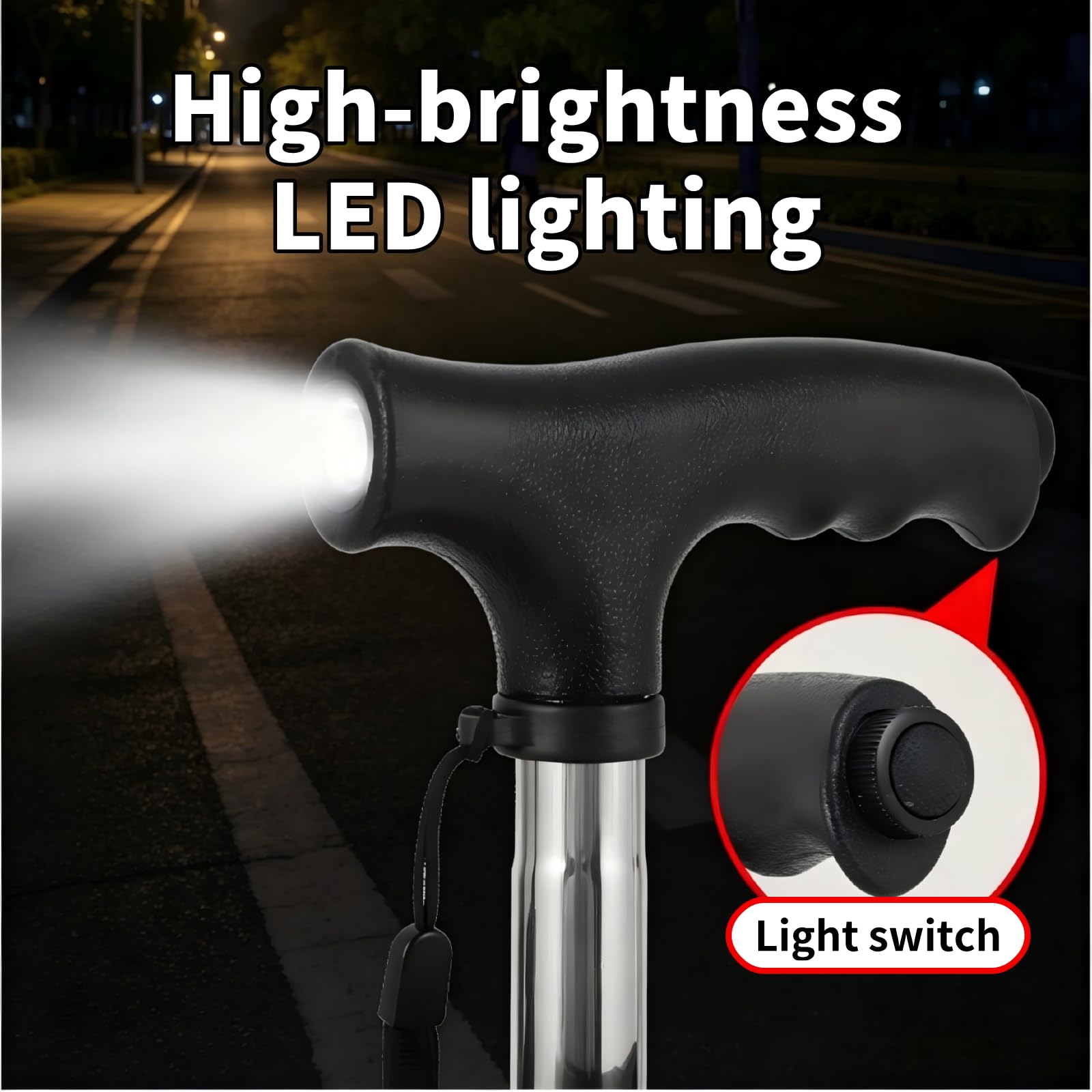 Bastón con Asiento Plegable y Ligero, Altura Regulable, con iluminación LED, Antideslizante y Duradero, Apto para Hombres, Mujeres y Personas Mayores