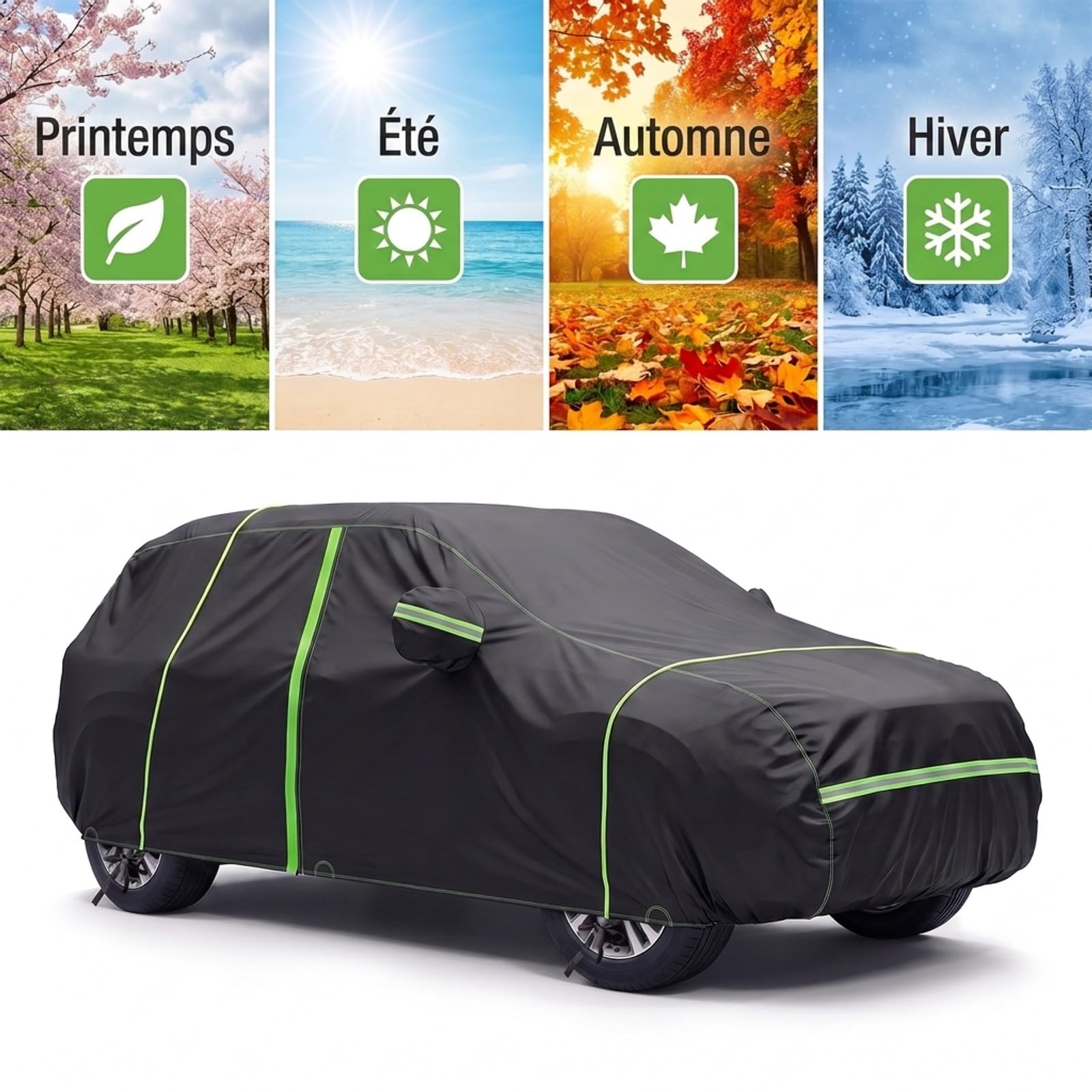 NEVERLAND Bâche Voiture SUV Imperméable 6000PA 6 Couches PEVA Coton Noir | Fermeture éclair conducteur, bandes réfléchissantes, fixation anti-vent, protection UV, compatible Peugeot 2008/Renault