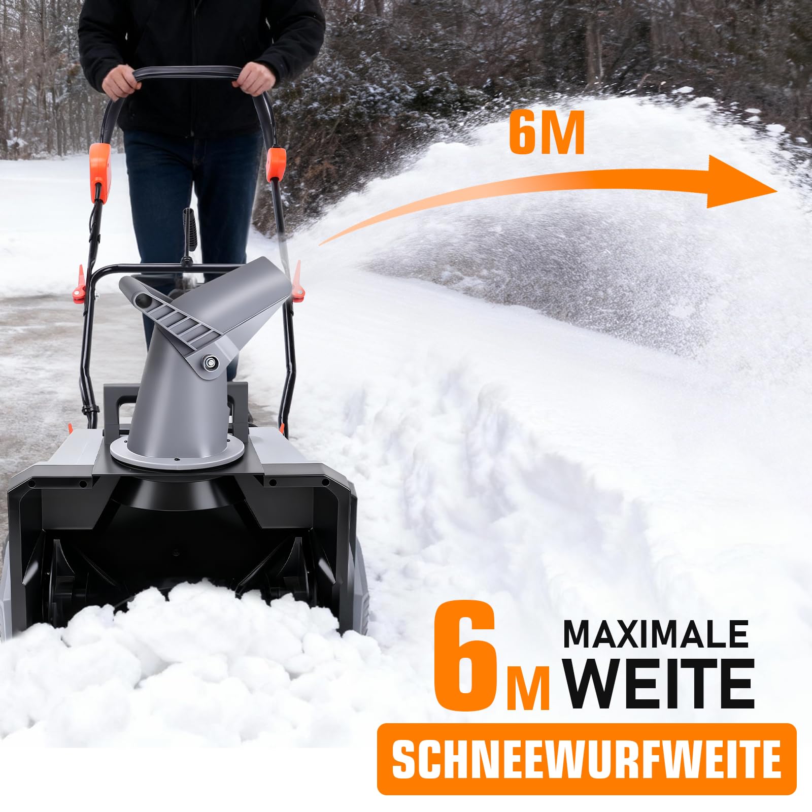 Akku-Schneefräse 40V | Brushless Motor 6000RPM | 46cm Arbeitsbreite | max. 27 cm Schneehöhe | 6m Wurfweite | 180° drehbarer Auswurfkanal inkl. 2x4Ah Akkus & Ladegerät