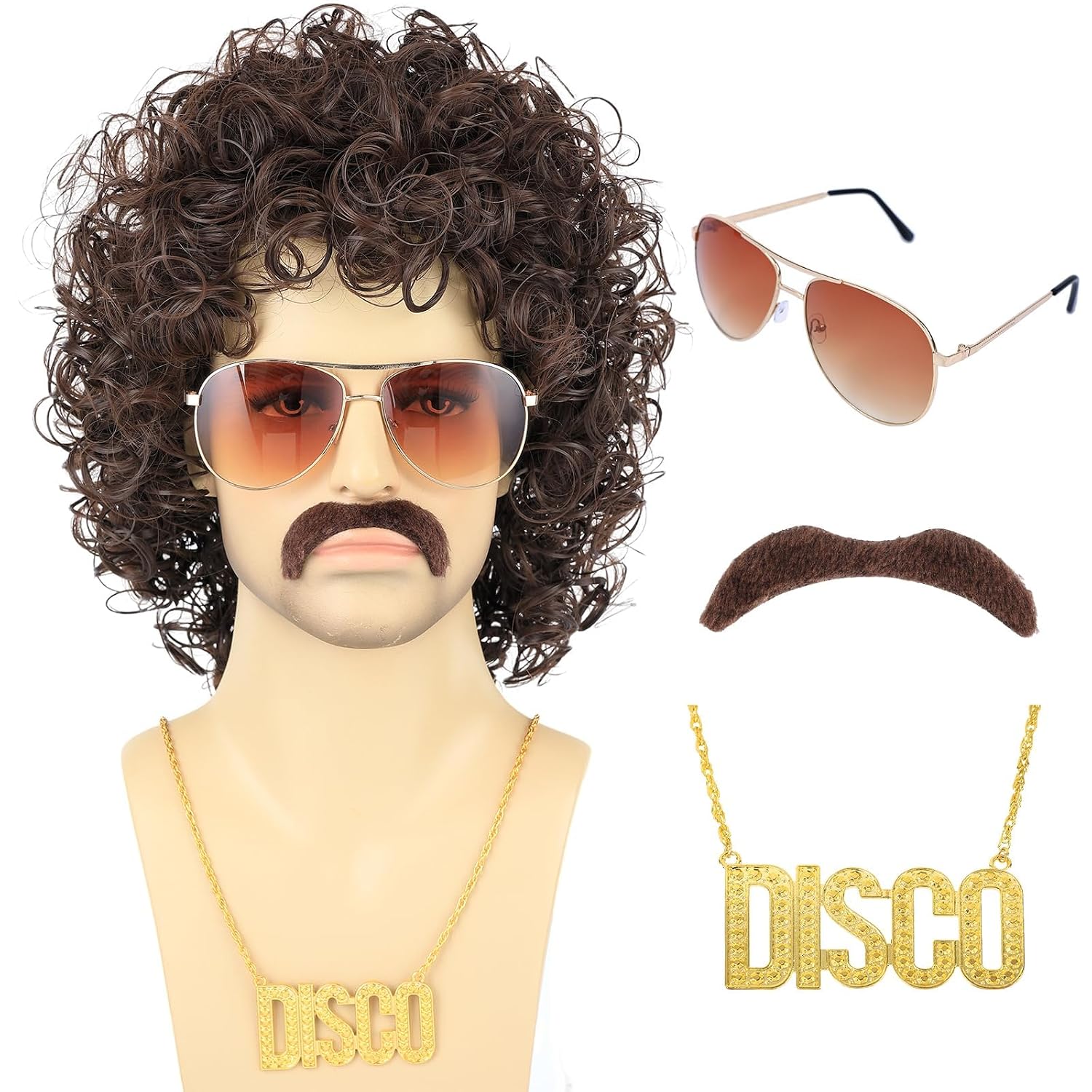 Bettecos 80s Short Black Curly Wig for Men with Mustache Glasses and Chain 70s Mullet Wig with Curl for Rocker Halloween Costume Cosplay