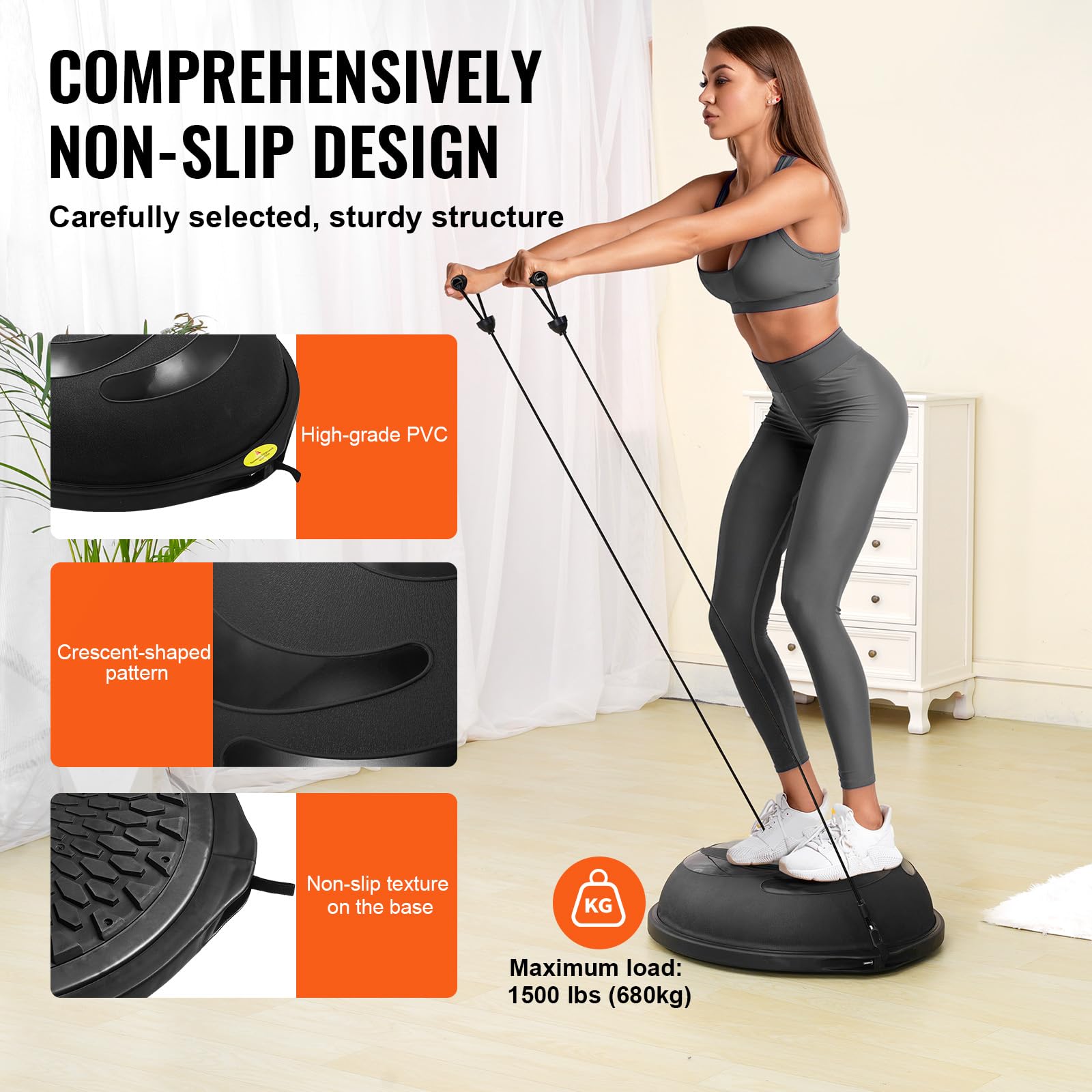VEVOR Trener piłki do połowy ćwiczeń, 66 cm, piłka balansowa, nośność 680 kg, piłka do jogi z taśmami oporowymi i pompką nożną, piłka fitness do domu, na siłownię, trening całego ciała, kolor czarny