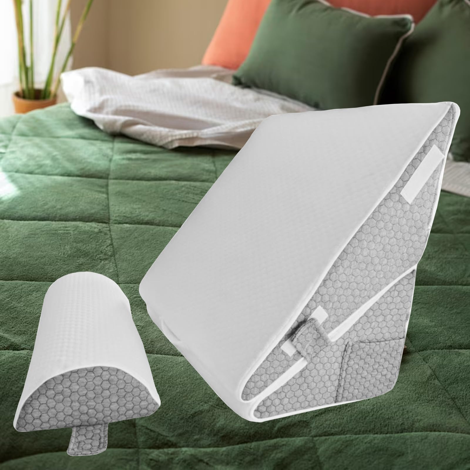 Set di 2 cuscini a cuneo, in memory foam, rimovibili, inclinabili, con poggiatesta per sollevamento gambe, supporto schiena, reflusso acido, russare, post-chirurgia, lettura (grigio)
