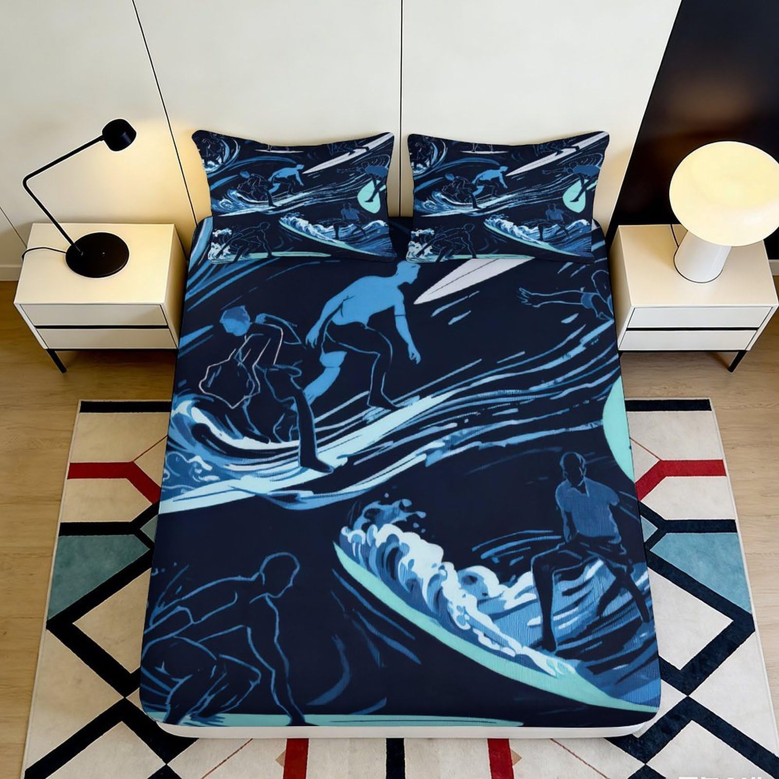 3D Printed Surfing Wave Fitted Sheet Microfiber Deep Blue Ocean Mattress Cover for Bedroom Dorm Easy Care Decor 90x200x25cm